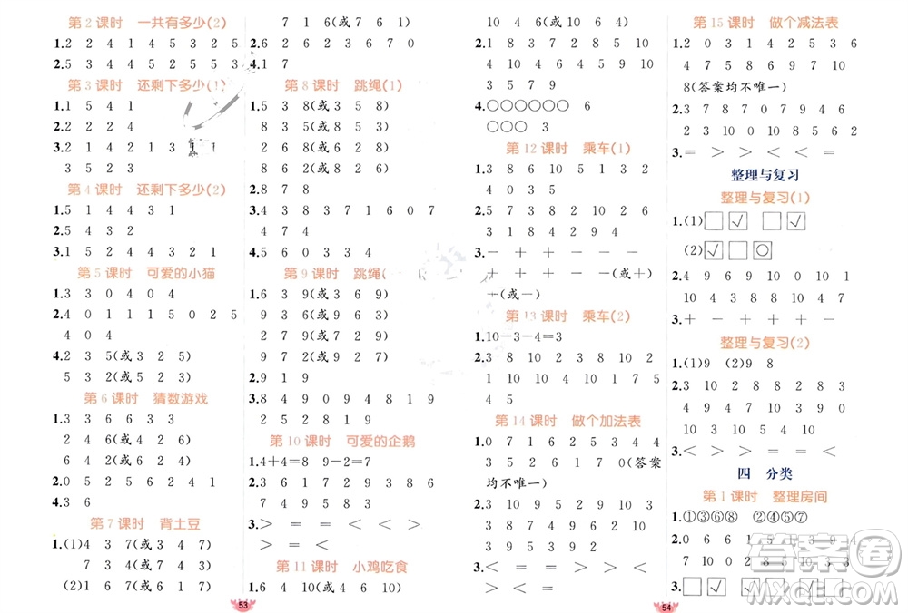 新疆青少年出版社2023年秋原創(chuàng)新課堂一年級數(shù)學上冊北師大版參考答案