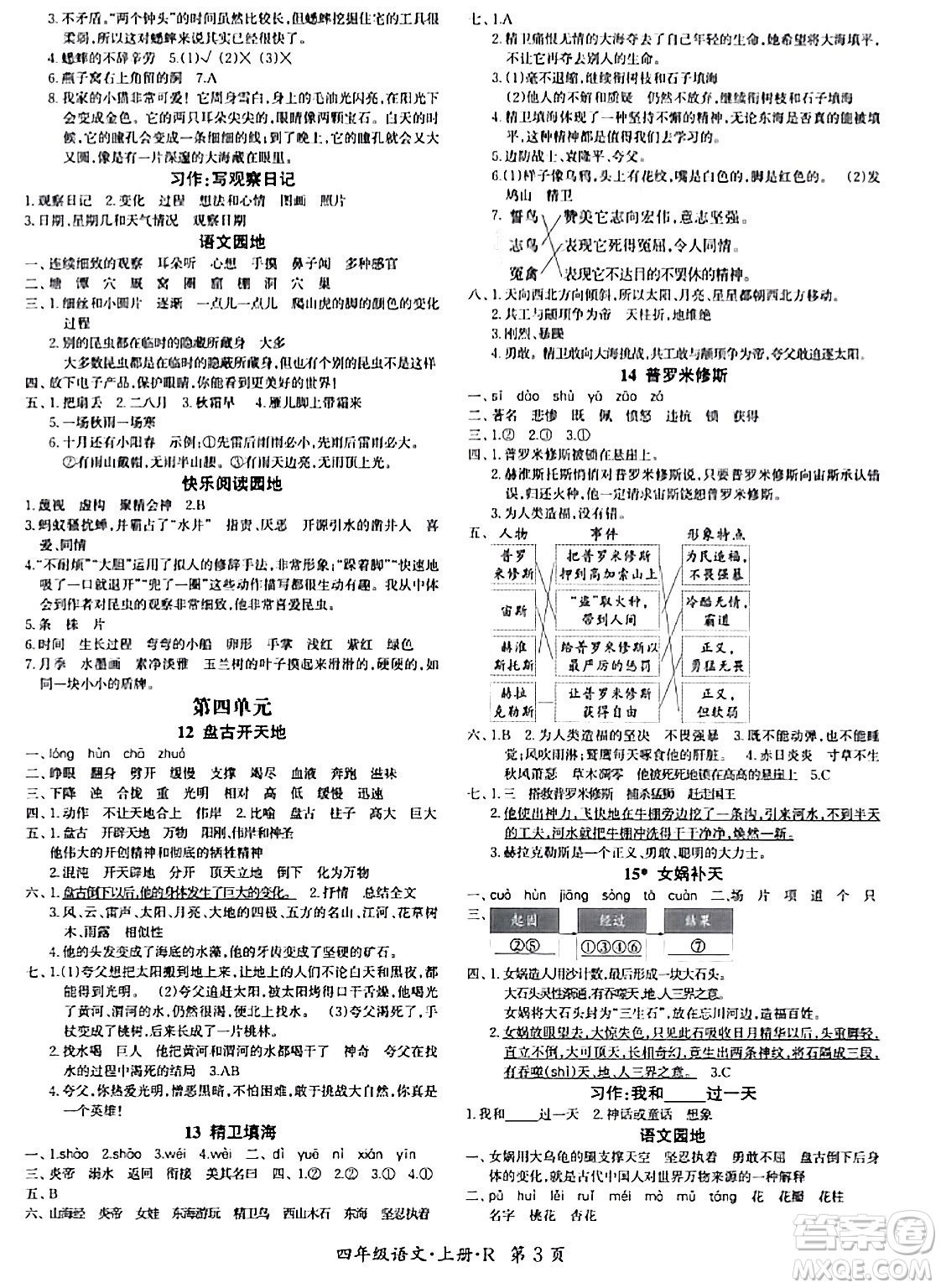 吉林教育出版社2023年秋啟航新課堂四年級語文上冊人教版答案