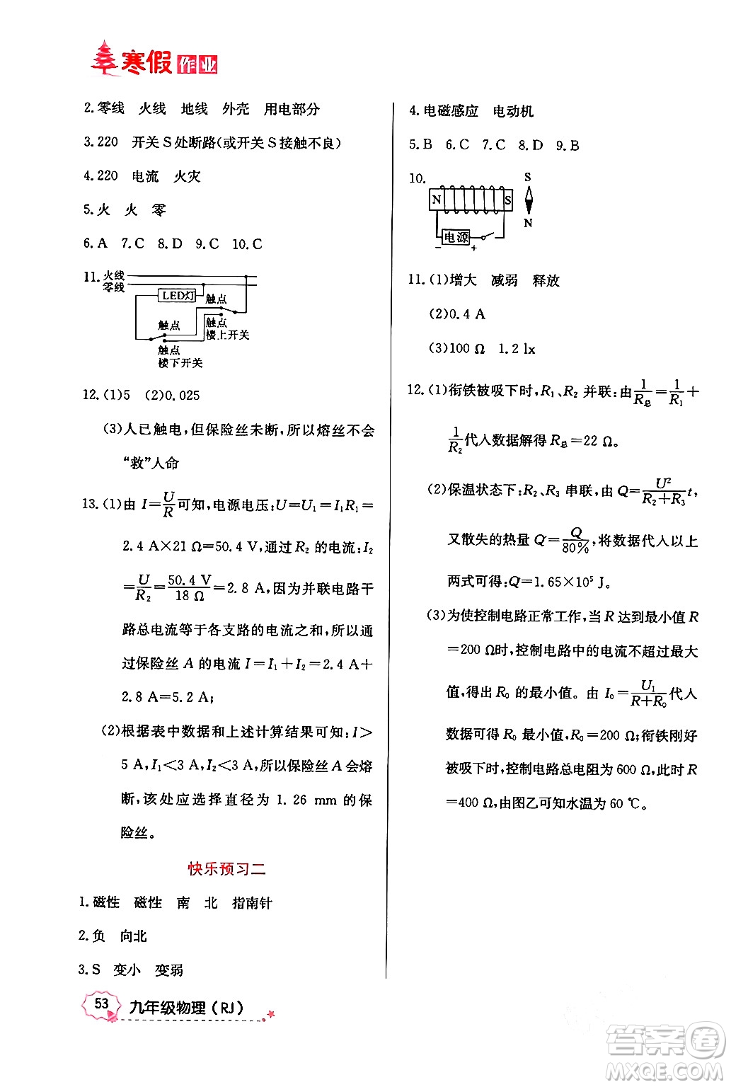 延邊教育出版社2024年寒假作業(yè)九年級物理人教版答案