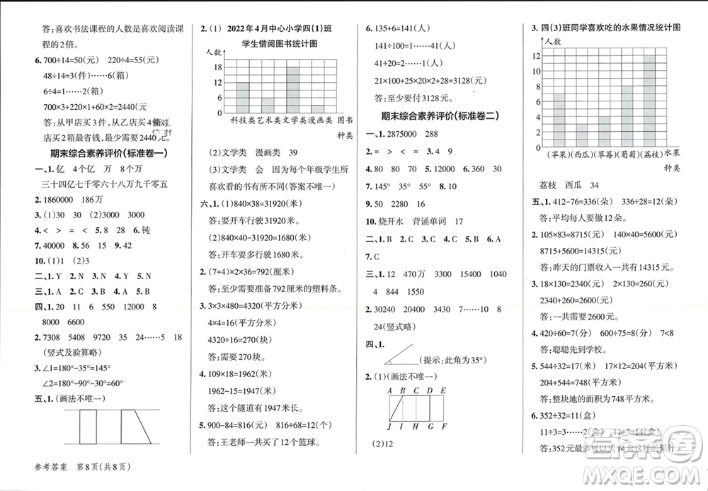 陜西師范大學(xué)出版總社有限公司2023年秋小學(xué)學(xué)霸單元期末標(biāo)準(zhǔn)卷四年級(jí)數(shù)學(xué)上冊(cè)人教版參考答案