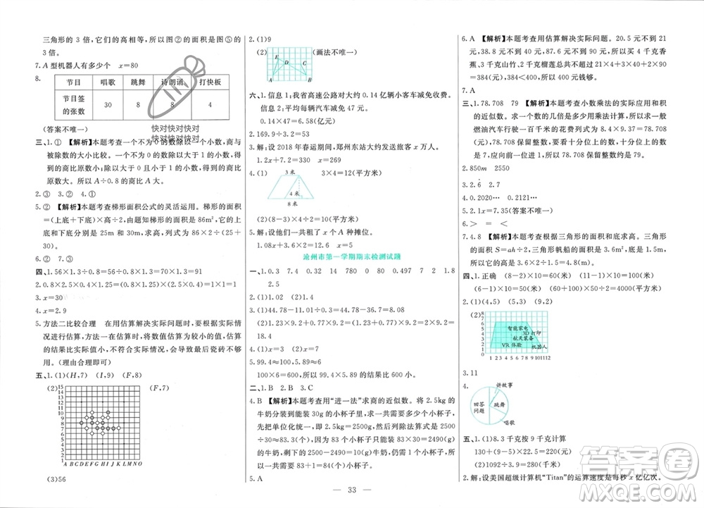 新疆文化出版社2023年秋龍門期末卷五年級(jí)數(shù)學(xué)上冊(cè)通用版參考答案