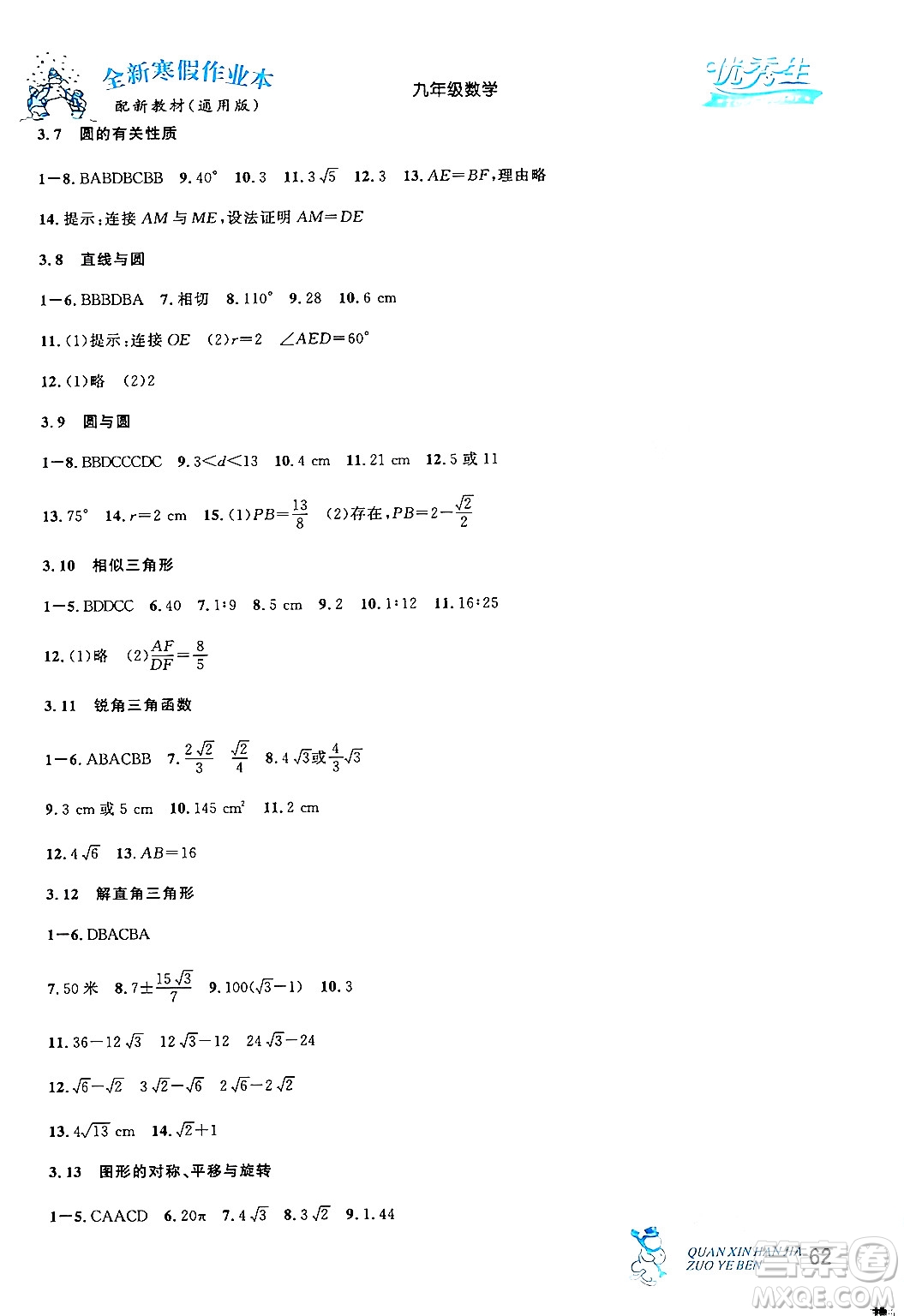 延邊人民出版社2024年優(yōu)秀生快樂假期每一天全新寒假作業(yè)本九年級數(shù)學人教版答案