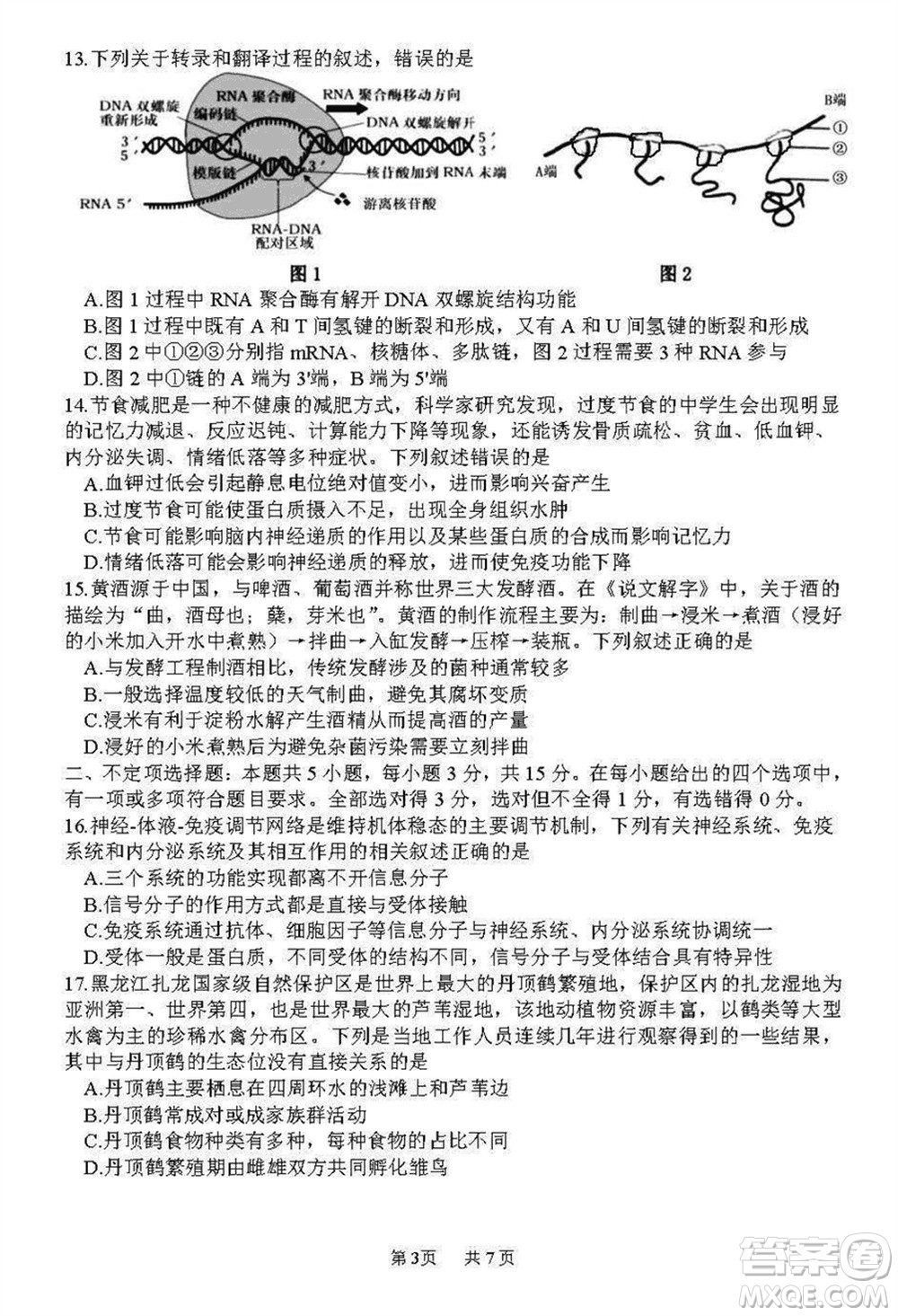 哈三中2023-2024學年高三上學期期末考試生物參考答案