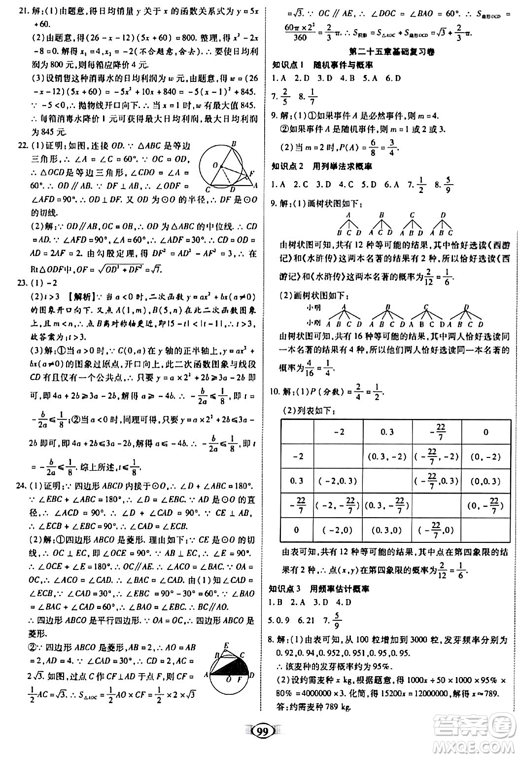 天津科學(xué)技術(shù)出版社2023年秋培優(yōu)奪冠金卷九年級(jí)數(shù)學(xué)上冊(cè)人教版答案