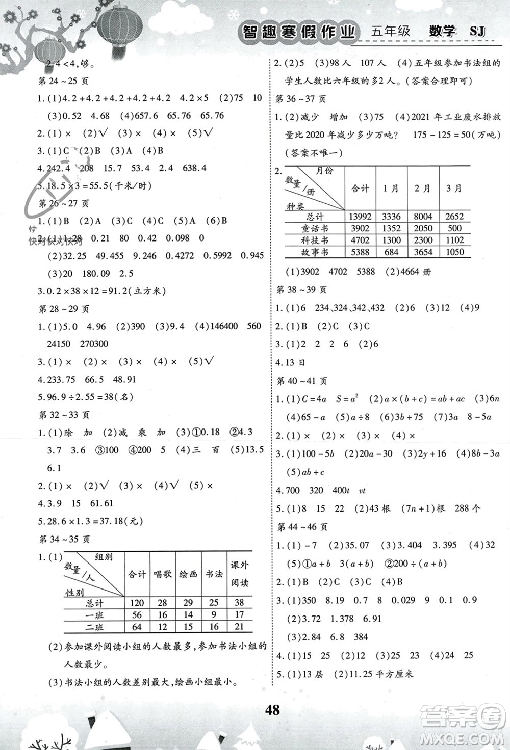 云南科技出版社2024智趣寒假作業(yè)五年級數(shù)學(xué)蘇教版參考答案
