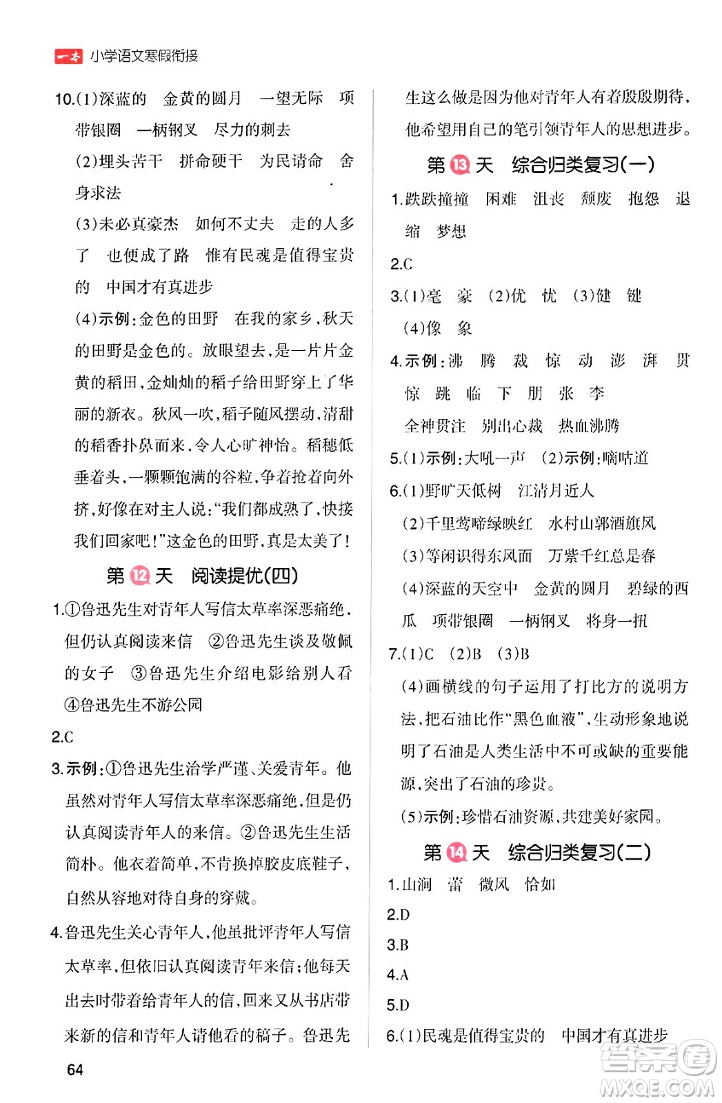 浙江教育出版社2024一本寒假銜接六年級(jí)語(yǔ)文通用版答案