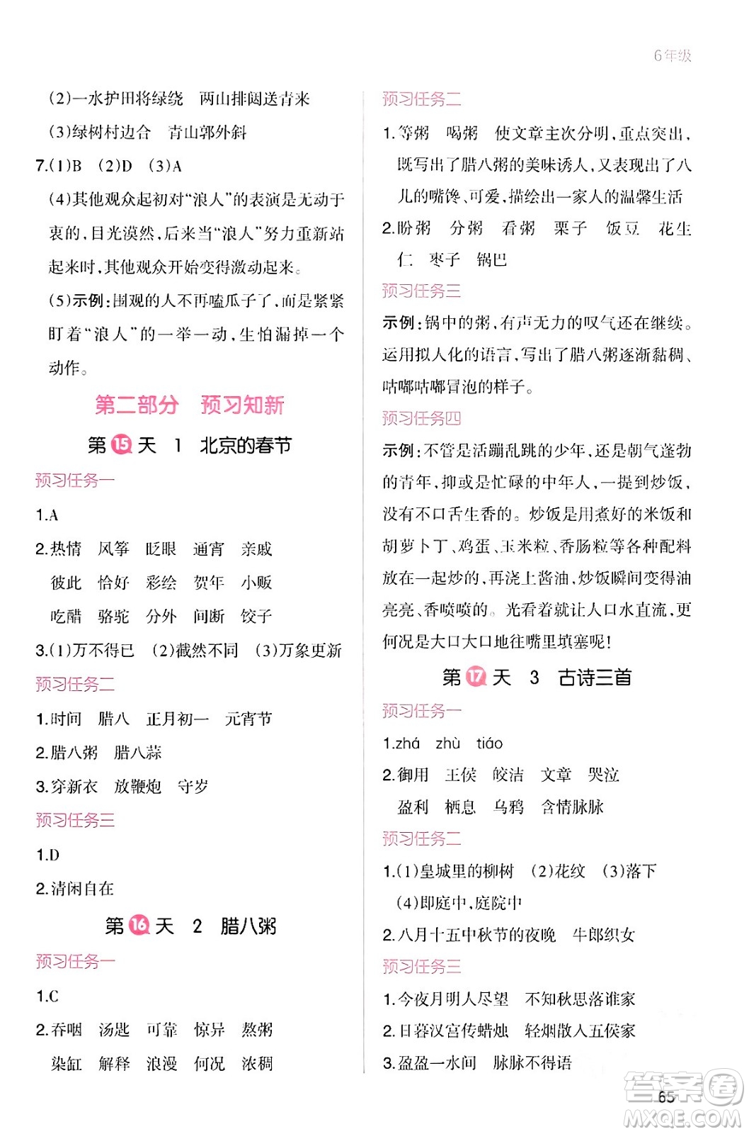 浙江教育出版社2024一本寒假銜接六年級(jí)語(yǔ)文通用版答案