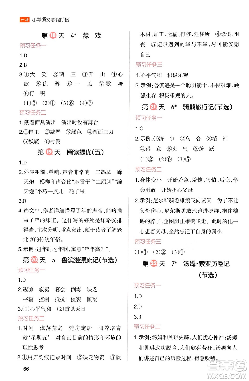 浙江教育出版社2024一本寒假銜接六年級(jí)語(yǔ)文通用版答案
