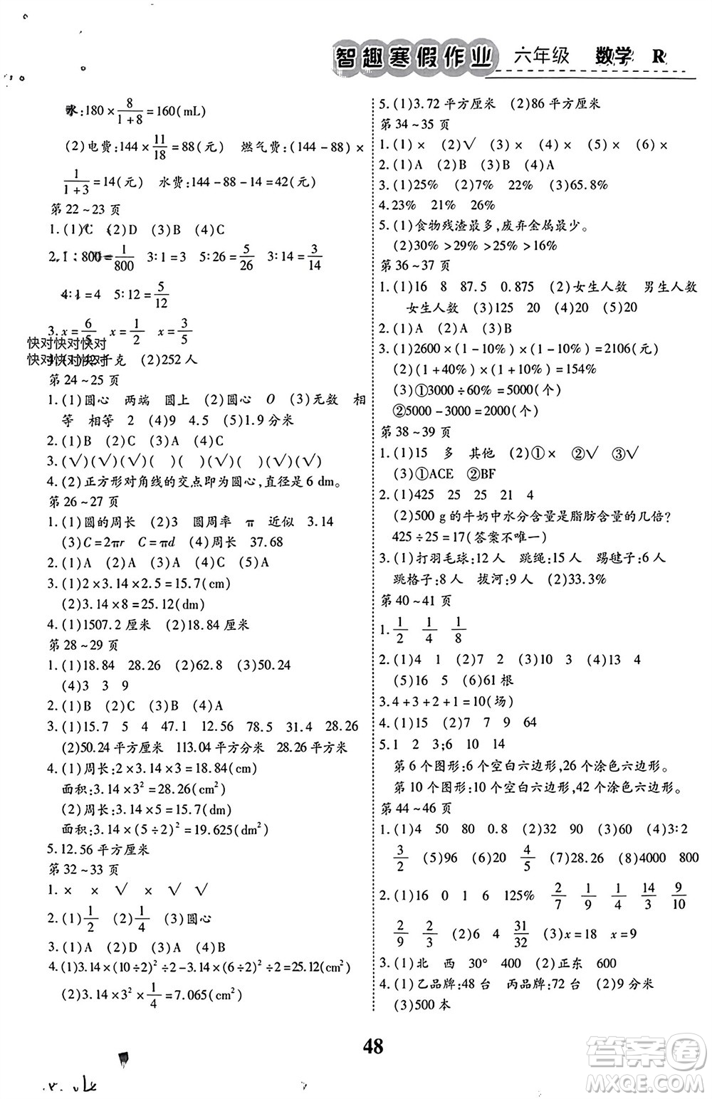 云南科技出版社2024智趣寒假作業(yè)六年級數(shù)學人教版參考答案