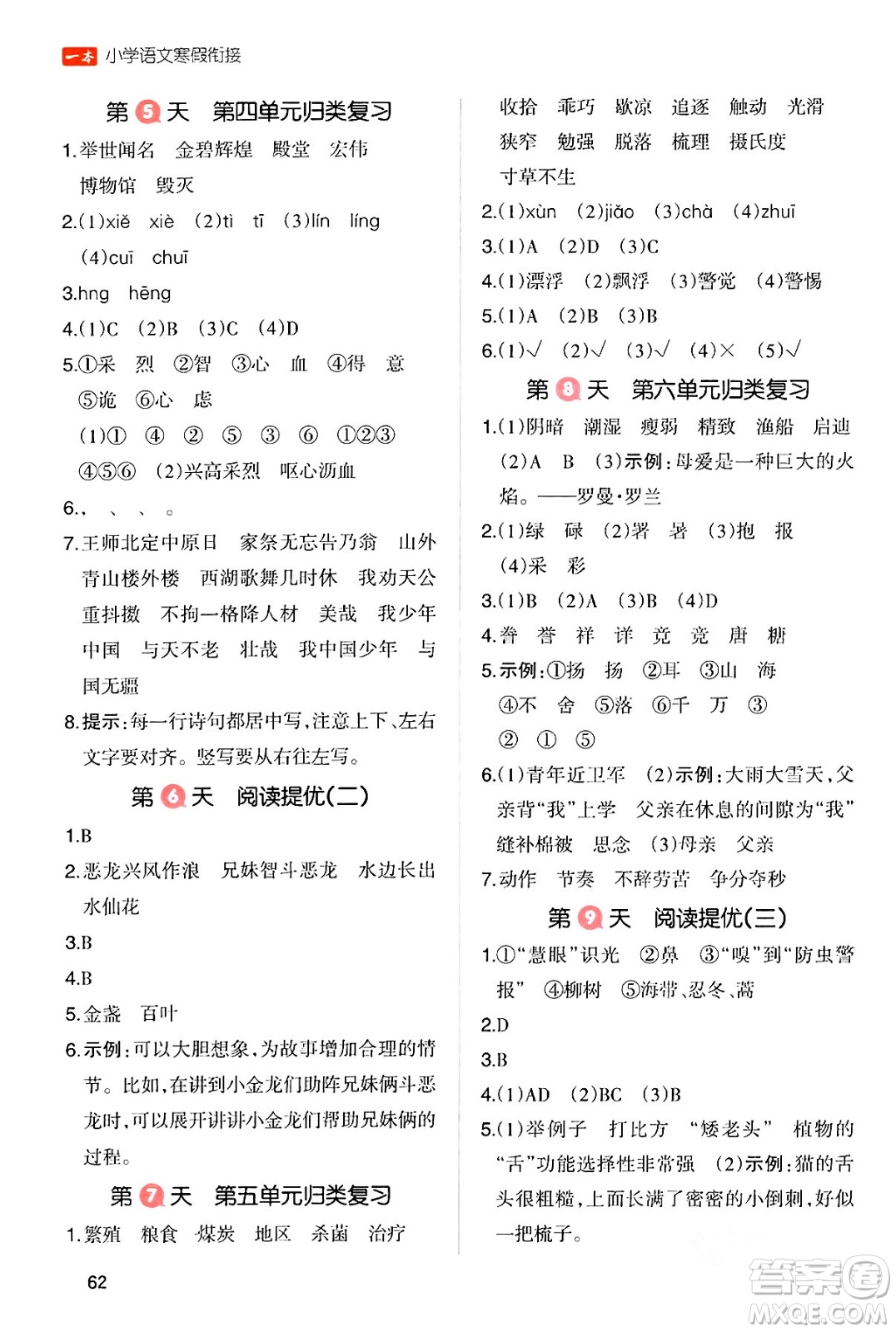 浙江教育出版社2024一本寒假銜接五年級語文通用版答案