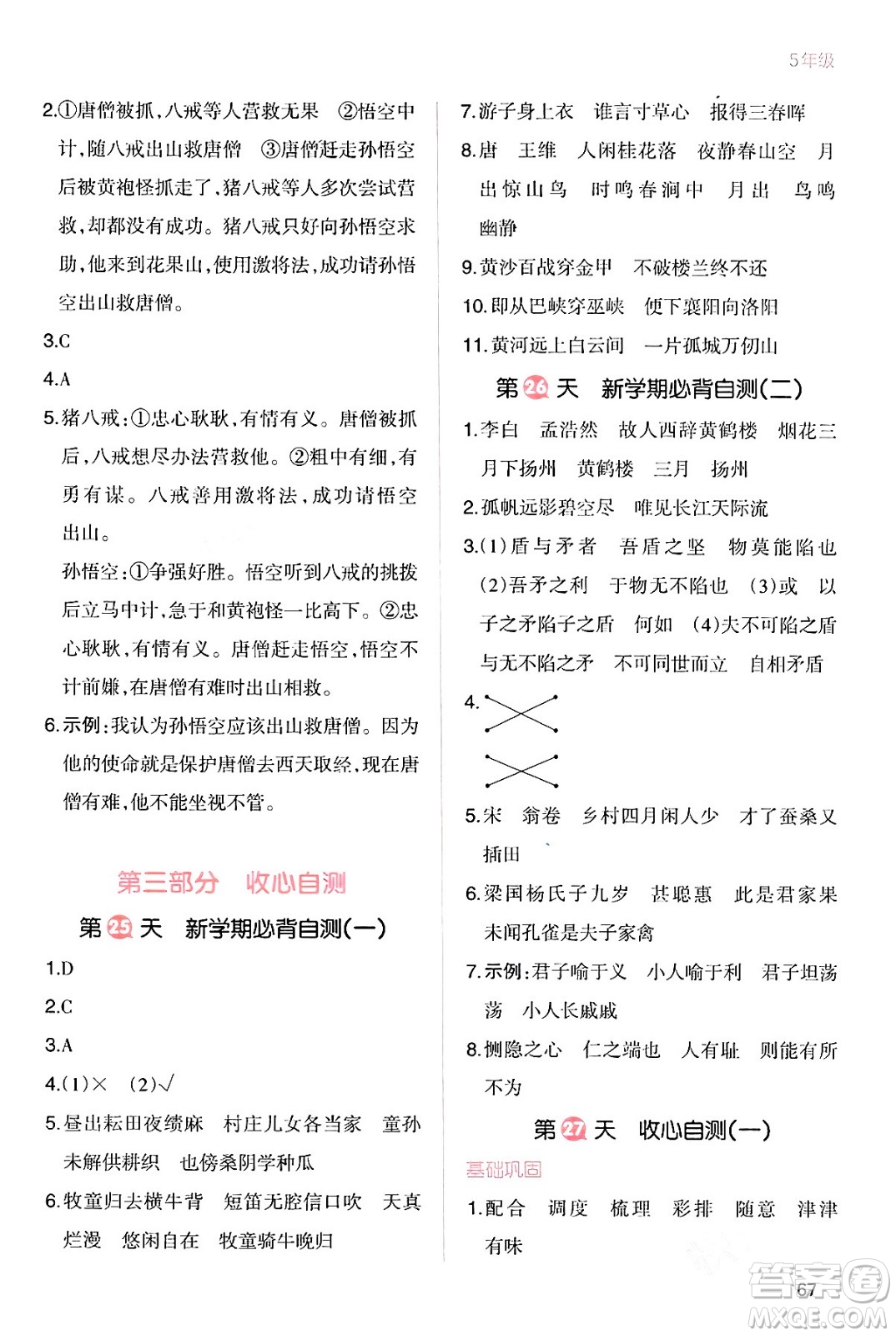 浙江教育出版社2024一本寒假銜接五年級語文通用版答案