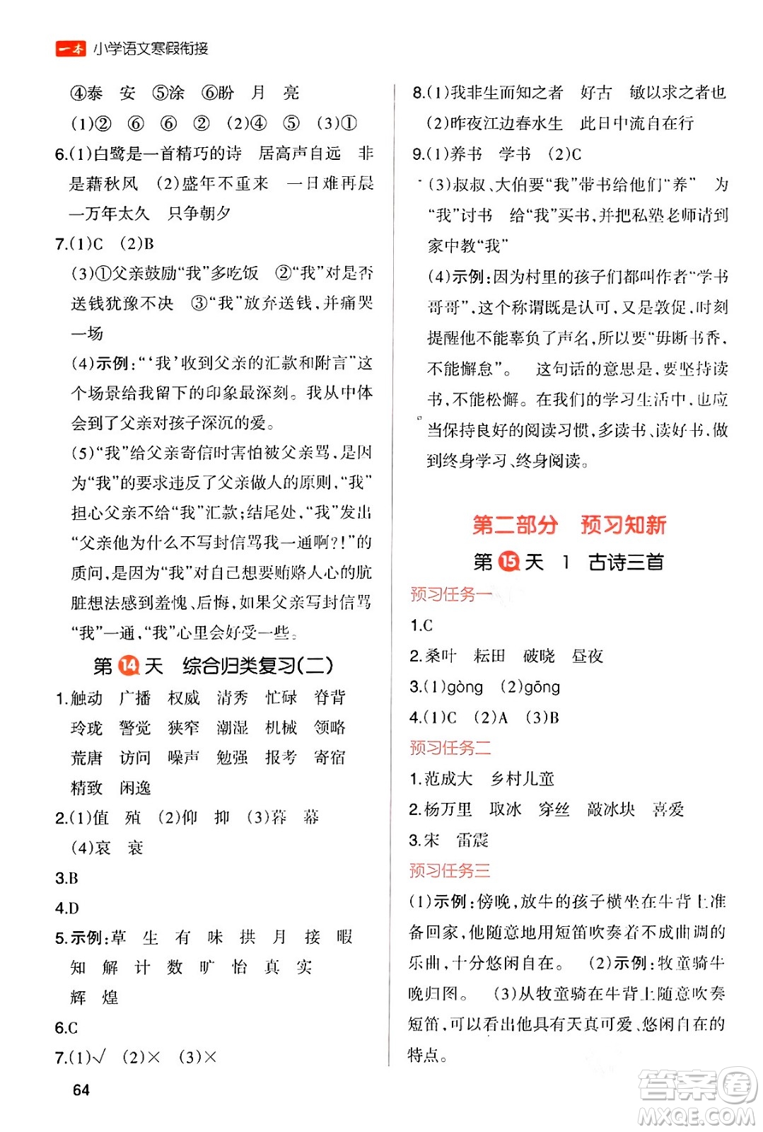 浙江教育出版社2024一本寒假銜接五年級語文通用版答案