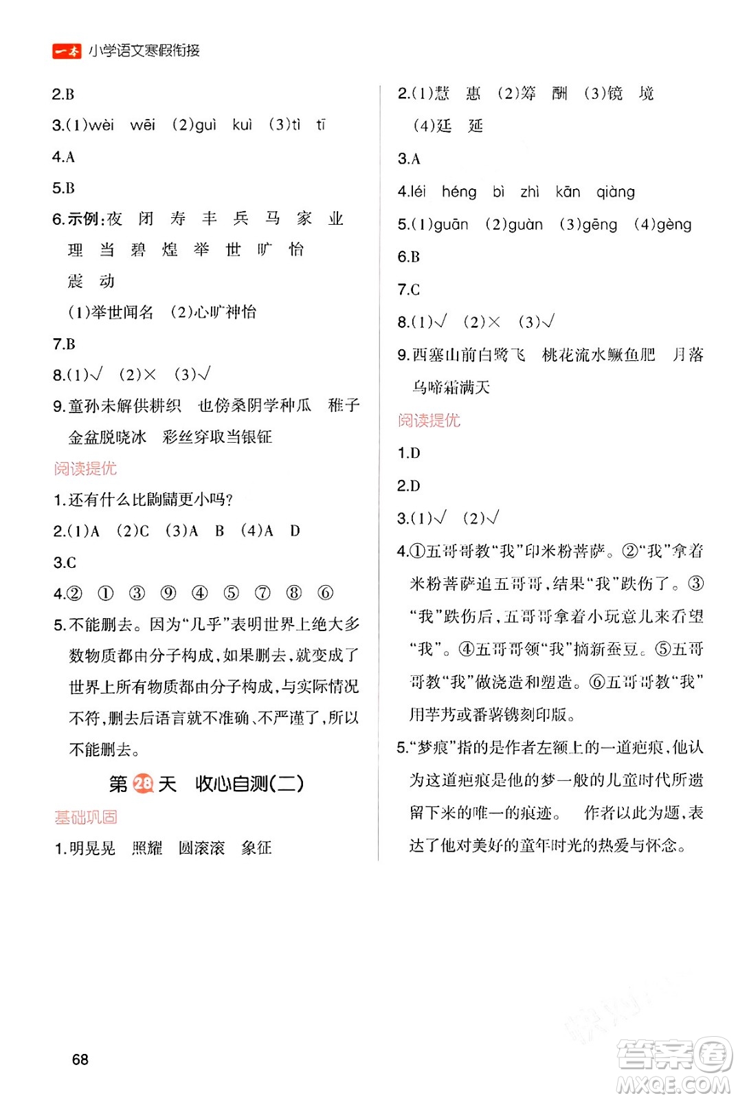 浙江教育出版社2024一本寒假銜接五年級語文通用版答案