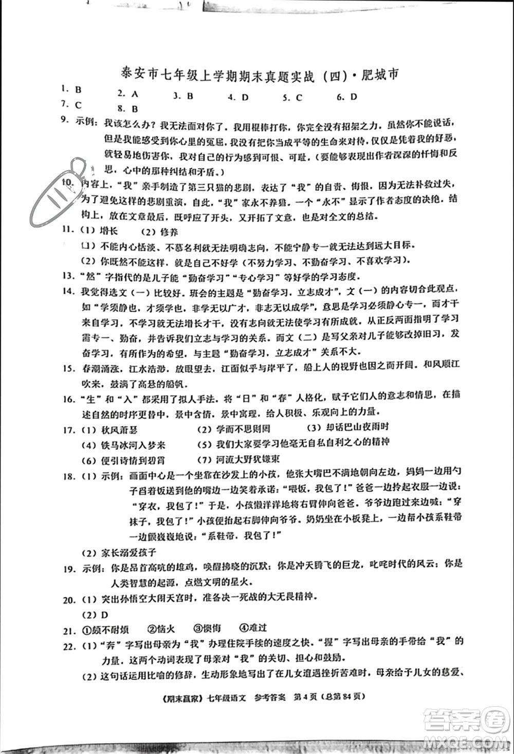 云南美術(shù)出版社2023年秋期末贏家七年級語文上冊通用版參考答案