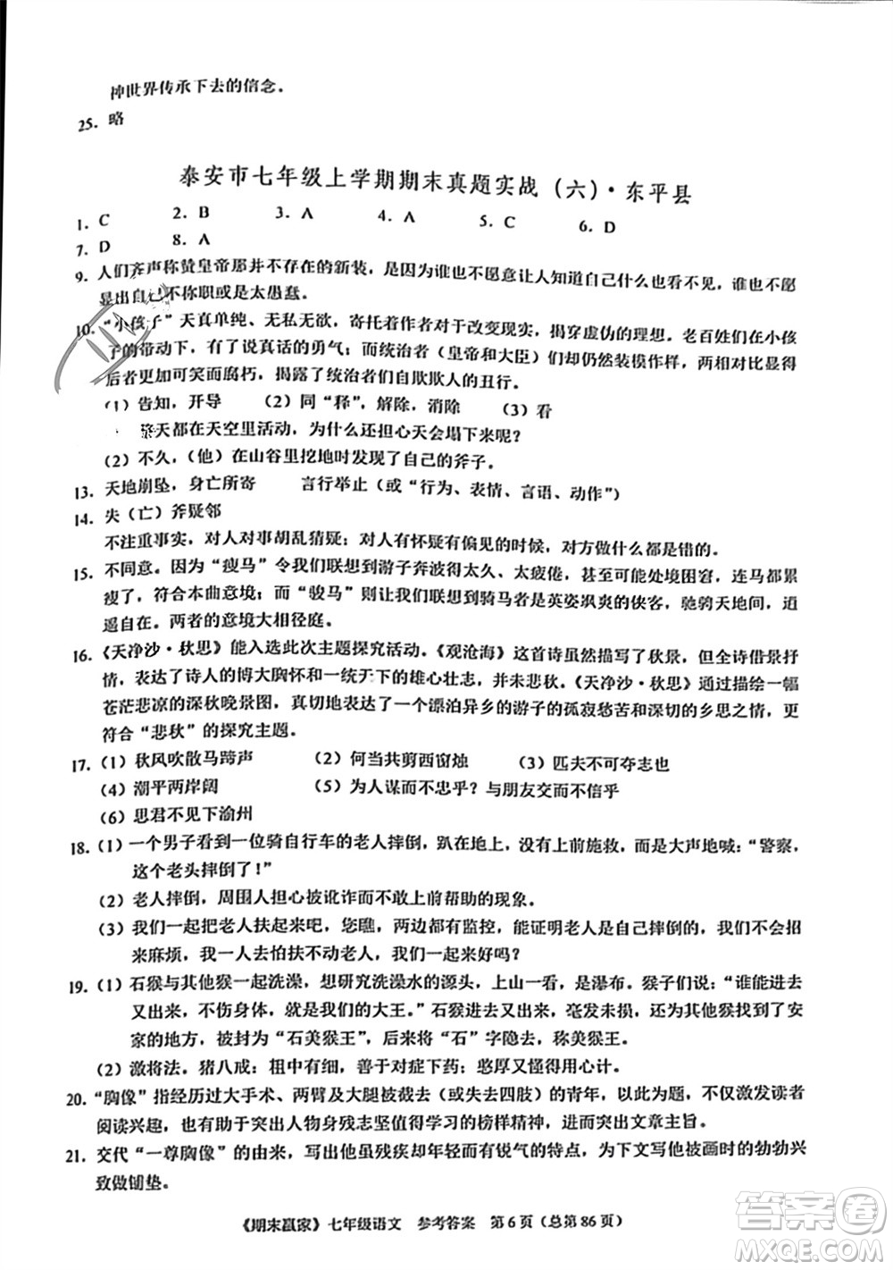 云南美術(shù)出版社2023年秋期末贏家七年級語文上冊通用版參考答案