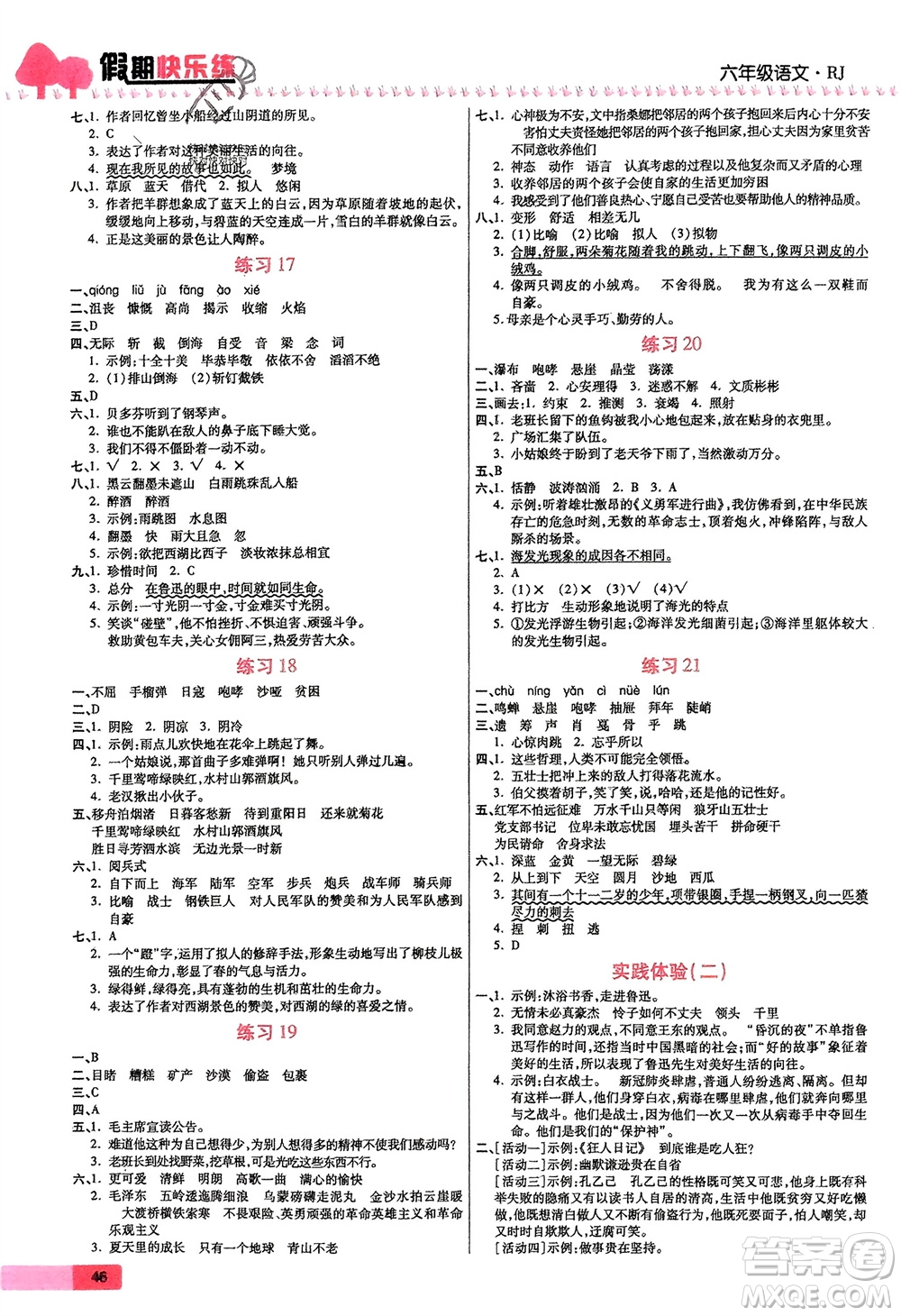天津科學(xué)技術(shù)出版社2024假期快樂練語文寒假作業(yè)六年級人教版參考答案