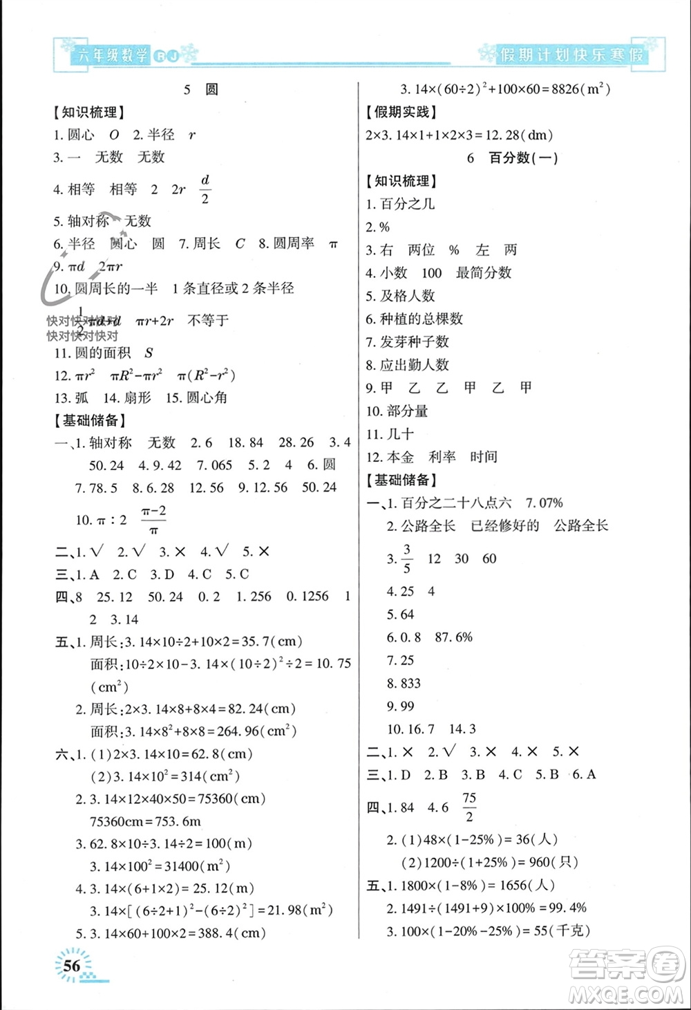 新疆文化出版社2024快樂寒假假期計劃六年級數(shù)學(xué)人教版參考答案