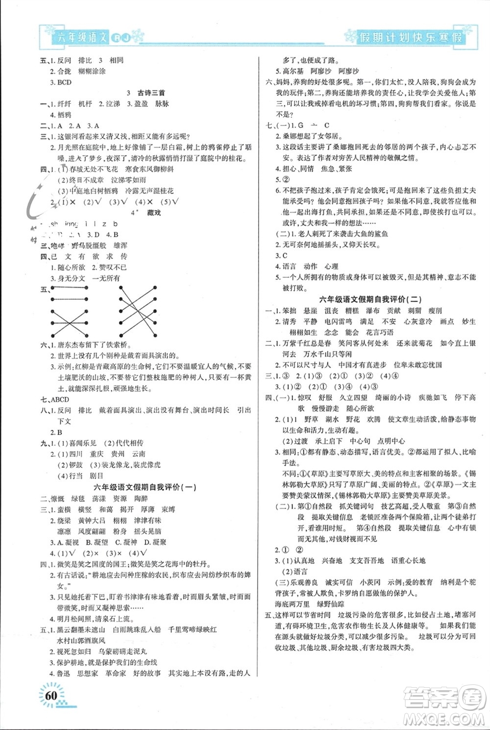 新疆文化出版社2024快樂寒假假期計劃六年級語文人教版參考答案