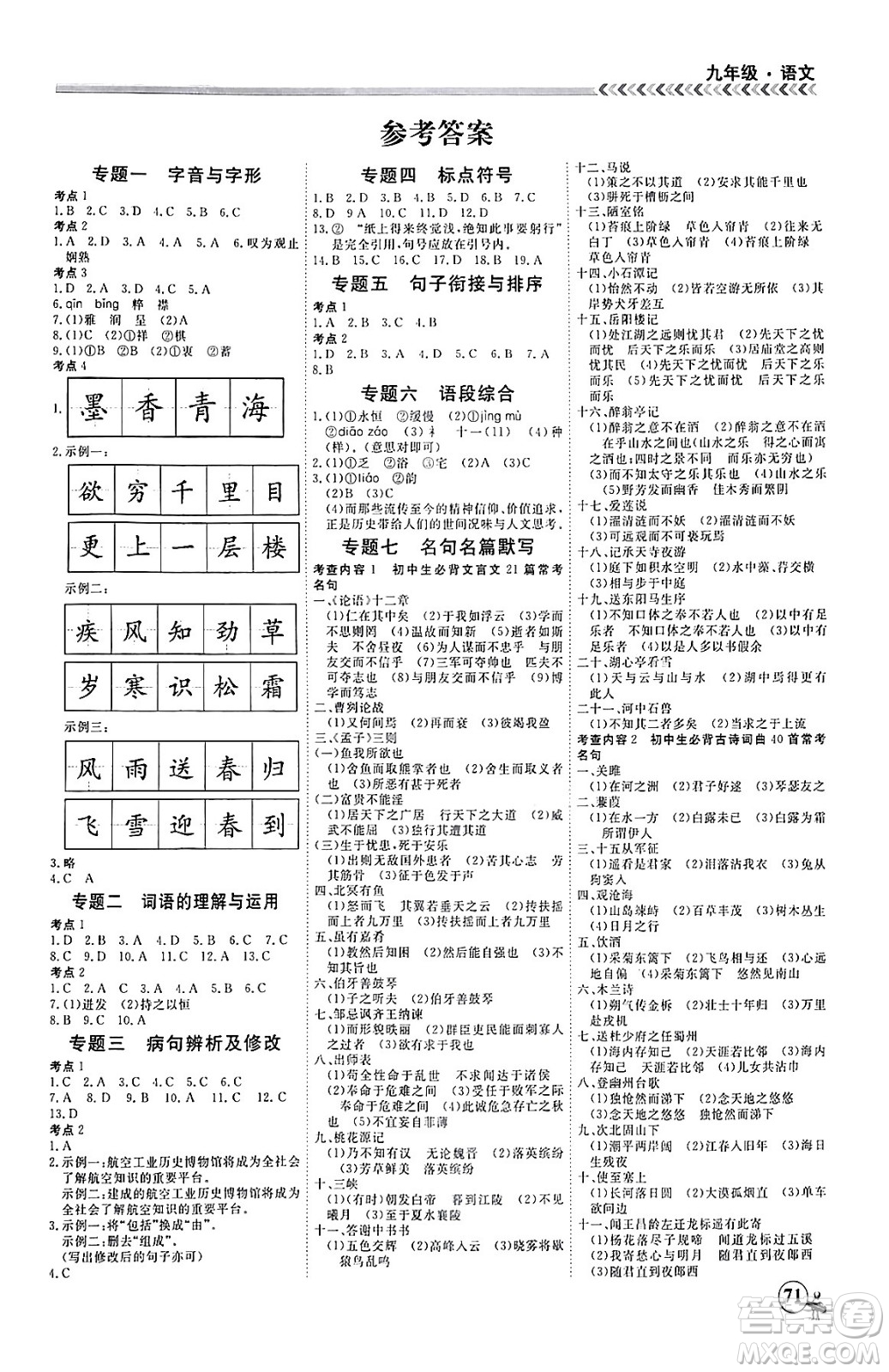 四川大學(xué)出版社2024假期沖冠學(xué)期系統(tǒng)總復(fù)習(xí)假期必備九年級(jí)語文通用版答案
