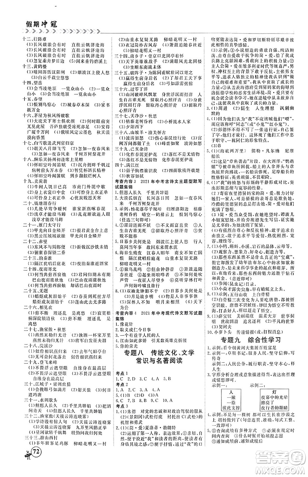 四川大學(xué)出版社2024假期沖冠學(xué)期系統(tǒng)總復(fù)習(xí)假期必備九年級(jí)語文通用版答案