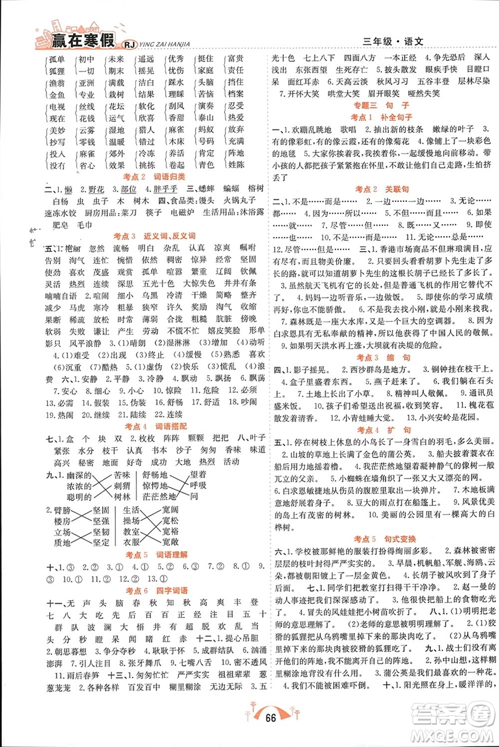 合肥工業(yè)大學(xué)出版社2024贏在寒假期末闖關(guān)三年級(jí)語(yǔ)文人教版參考答案