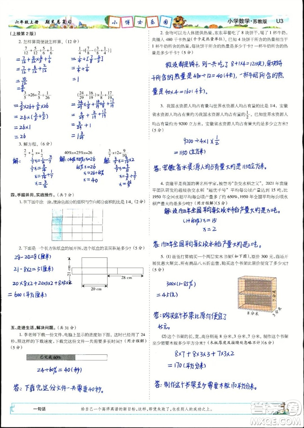 2023年秋少年智力開發(fā)報(bào)六年級(jí)數(shù)學(xué)上冊(cè)蘇教版期末總復(fù)習(xí)合刊參考答案
