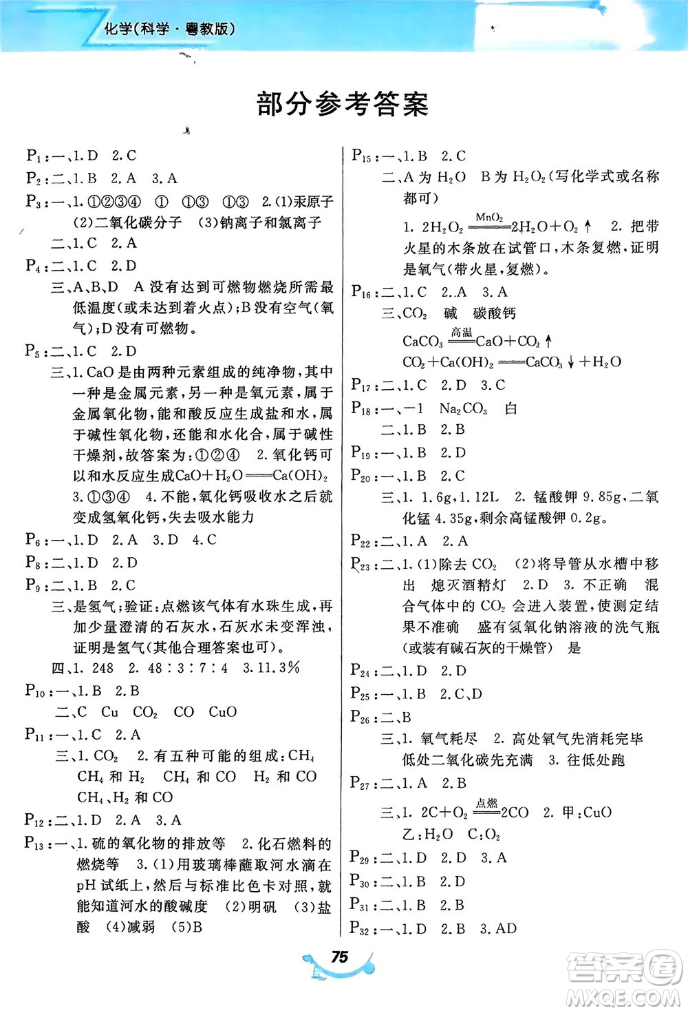 甘肅教育出版社2024義務(wù)教育教科書寒假作業(yè)九年級化學(xué)科粵版參考答案