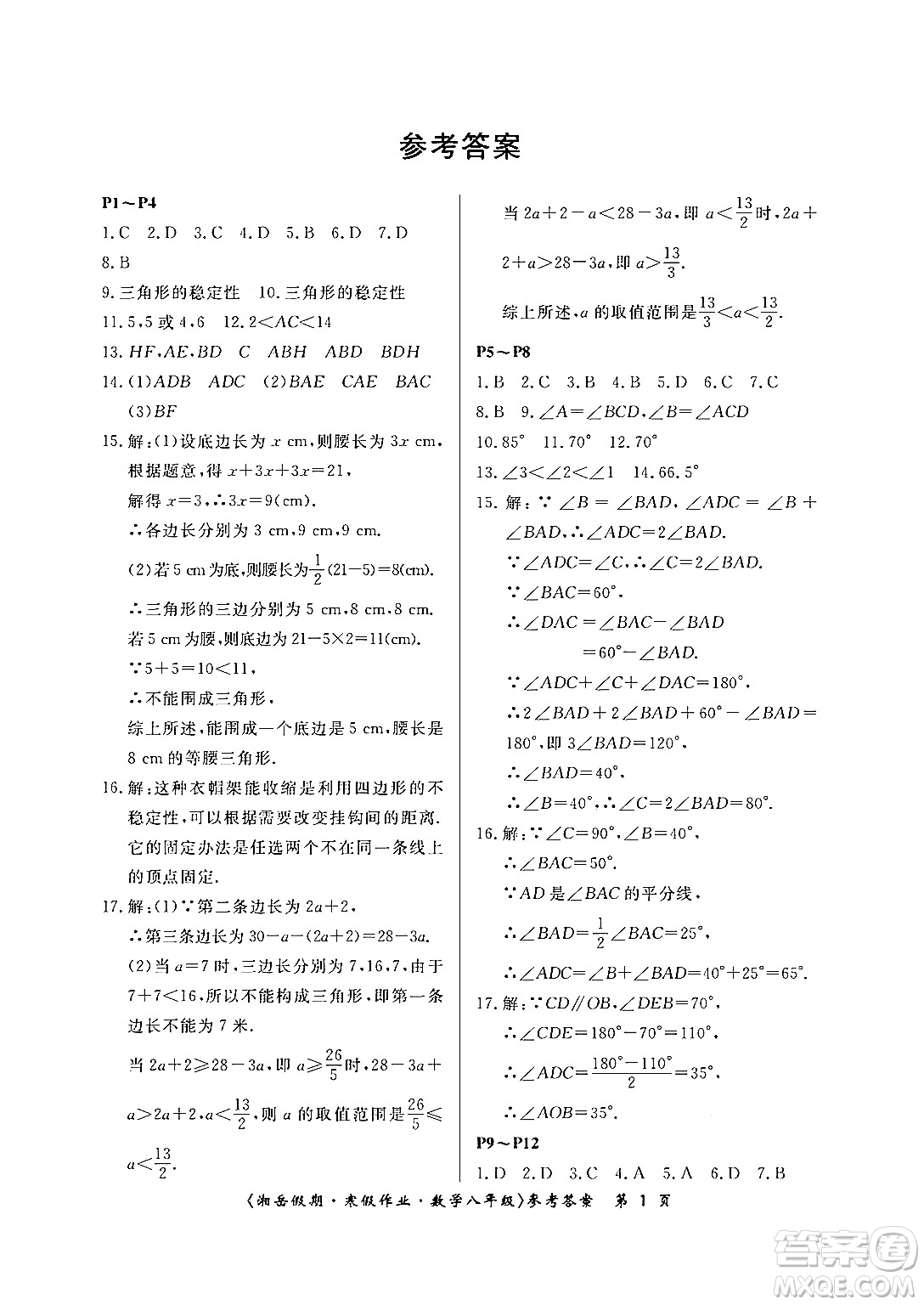湖南大學(xué)出版社2024北京央教湘岳假期寒假作業(yè)八年級(jí)數(shù)學(xué)人教版答案