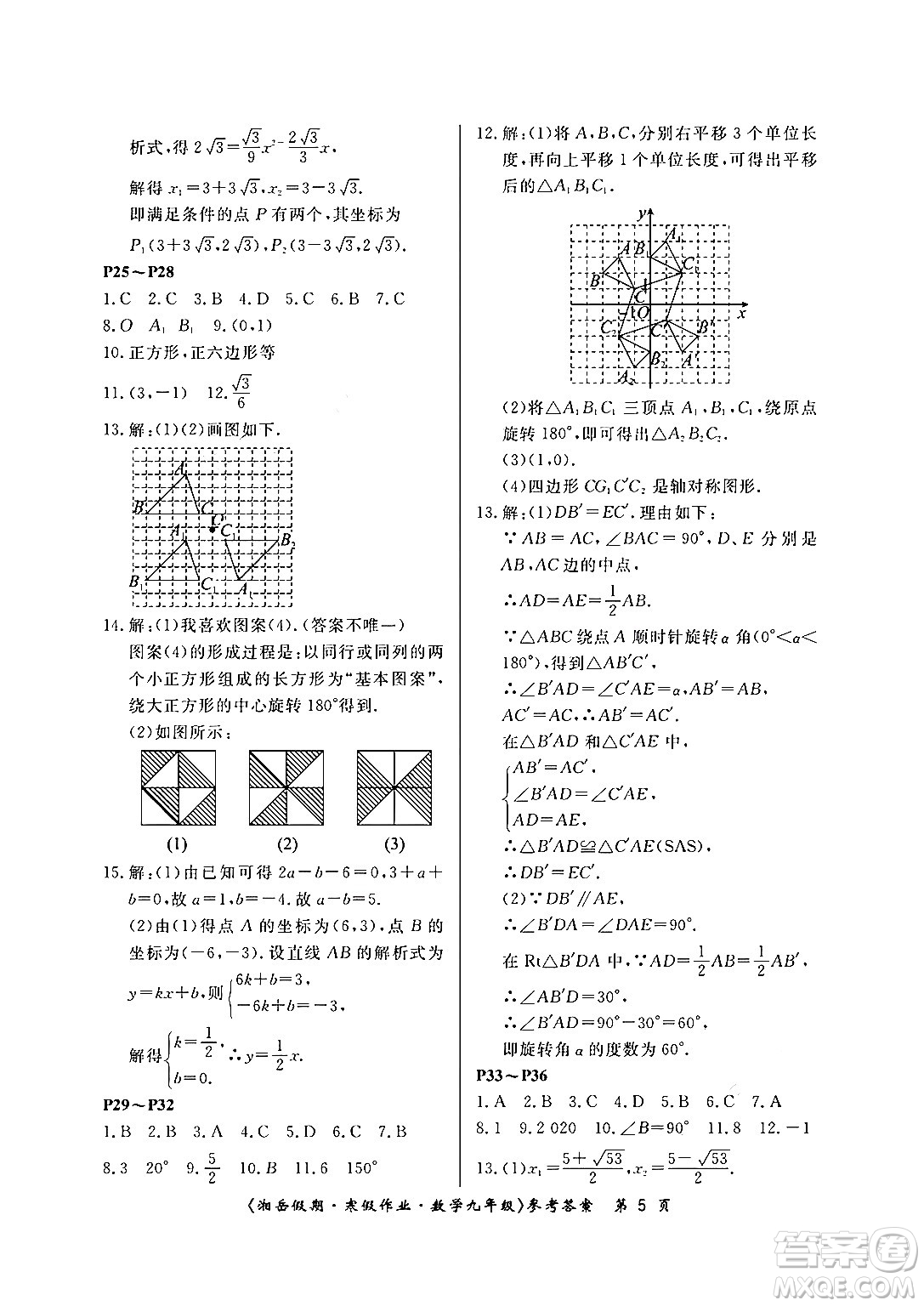 湖南大學(xué)出版社2024北京央教湘岳假期寒假作業(yè)九年級(jí)數(shù)學(xué)人教版答案
