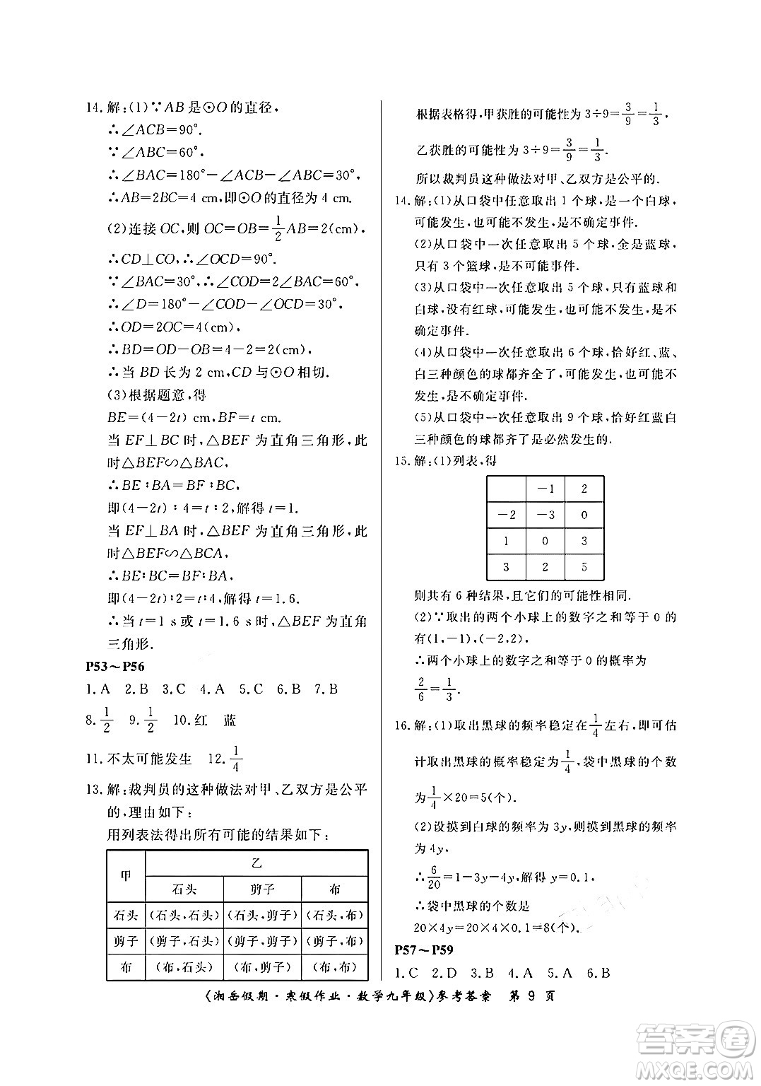 湖南大學(xué)出版社2024北京央教湘岳假期寒假作業(yè)九年級(jí)數(shù)學(xué)人教版答案