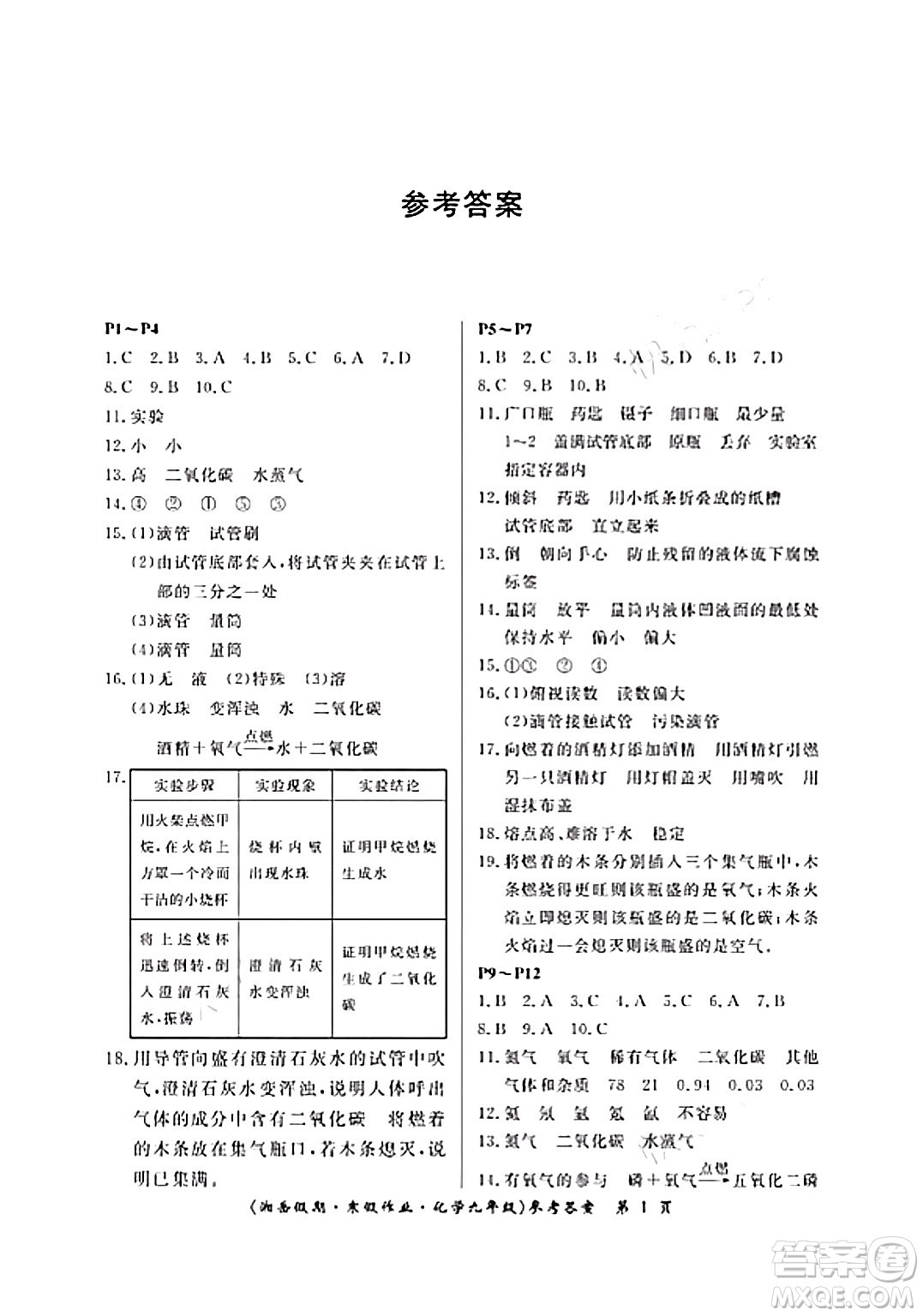 湖南大學出版社2024北京央教湘岳假期寒假作業(yè)九年級化學人教版答案