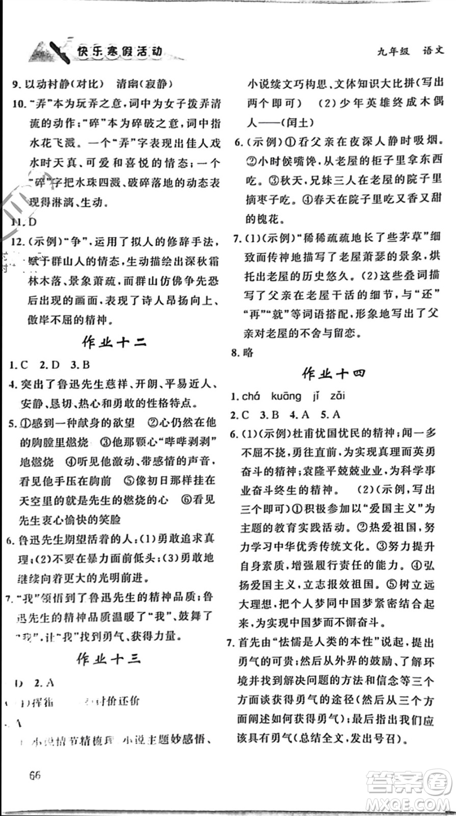 內(nèi)蒙古人民出版社2024快樂寒假活動(dòng)九年級語文通用版參考答案