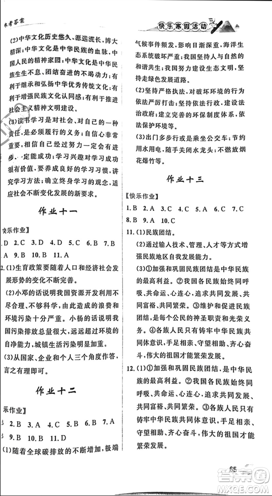 內蒙古人民出版社2024快樂寒假活動九年級道德與法治通用版參考答案