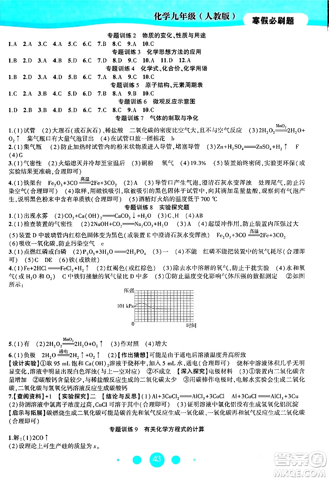 安徽大學(xué)出版社2024假期總動員寒假必刷題九年級化學(xué)人教版答案