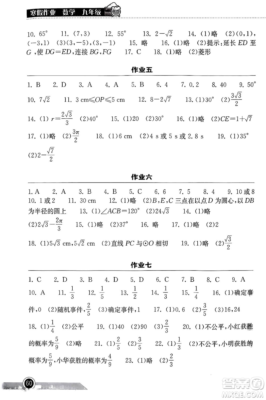 湖北教育出版社2024長(zhǎng)江作業(yè)本寒假作業(yè)九年級(jí)數(shù)學(xué)通用版答案
