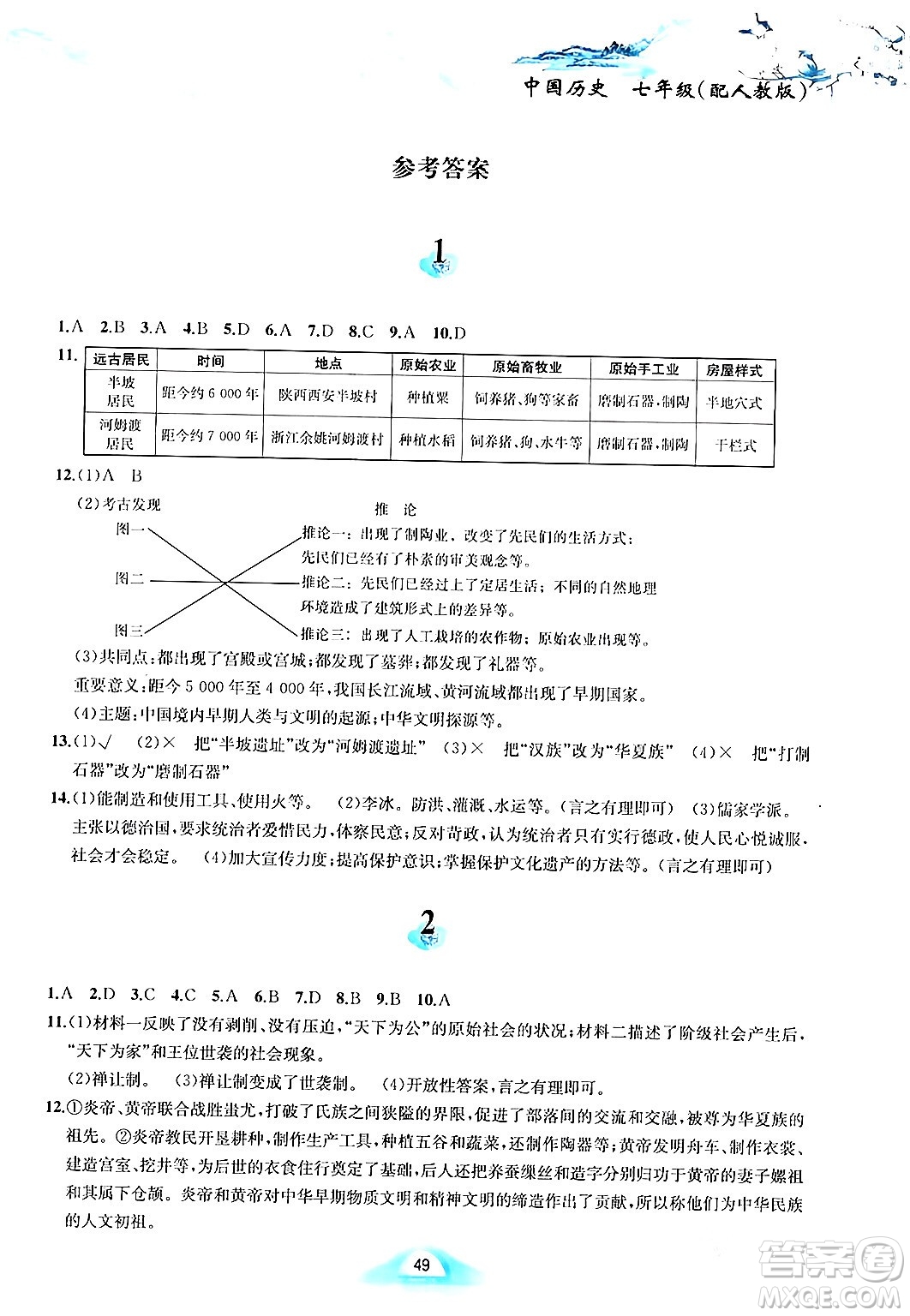 黃山書社2024寒假作業(yè)七年級(jí)歷史人教版答案