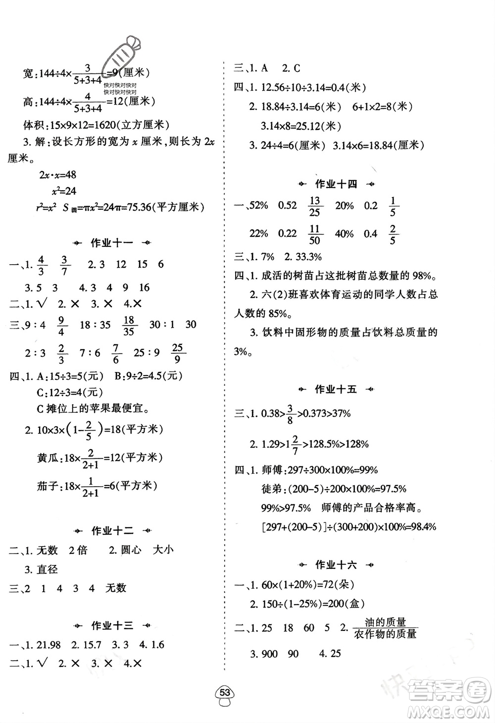 陜西人民教育出版社2024陜教出品寒假作業(yè)六年級數學人教版參考答案