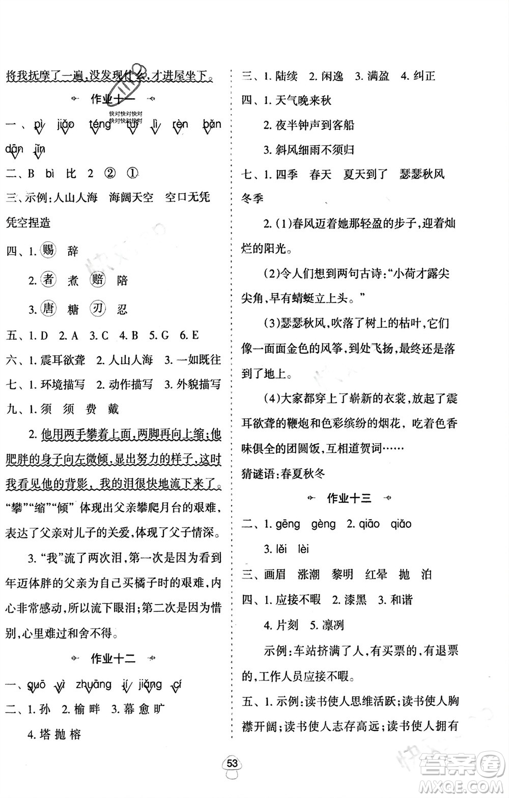 陜西人民教育出版社2024陜教出品寒假作業(yè)五年級語文通用版參考答案