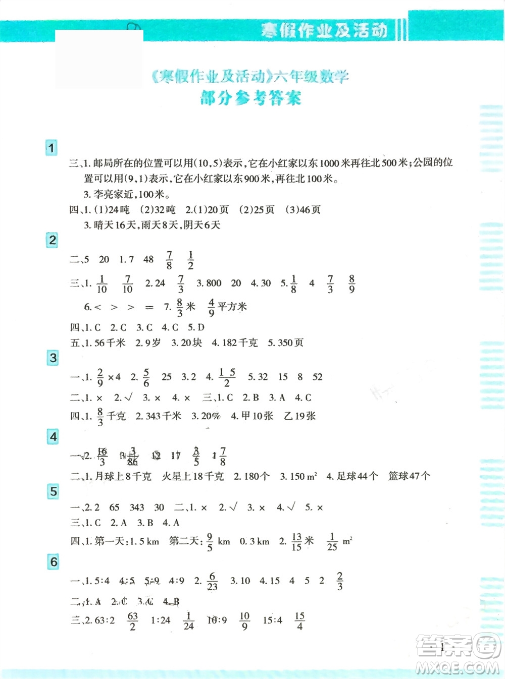 新疆文化出版社2024寒假作業(yè)及活動六年級數(shù)學通用版參考答案