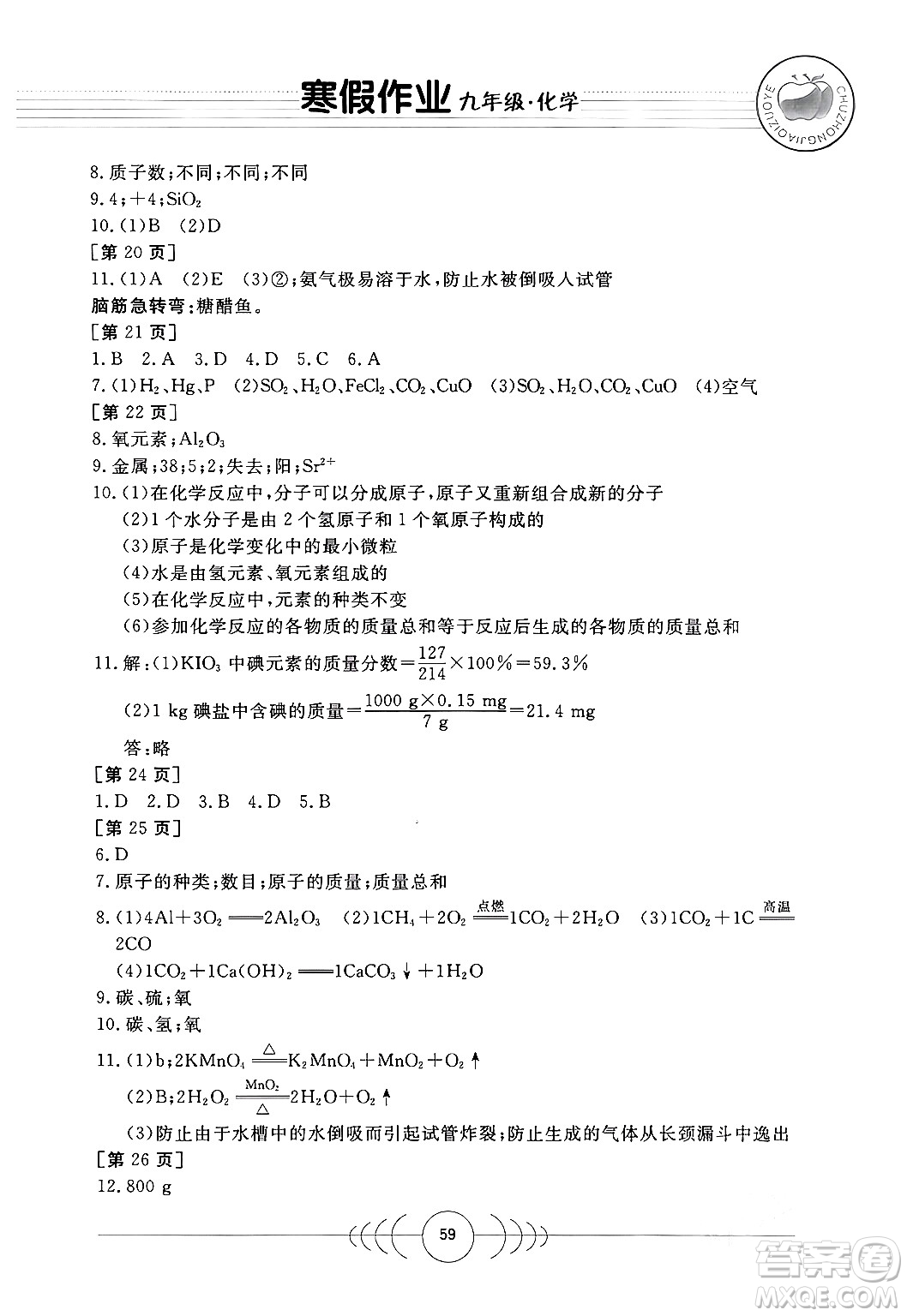 華中科技大學(xué)出版社2024寒假作業(yè)九年級(jí)化學(xué)課標(biāo)版答案