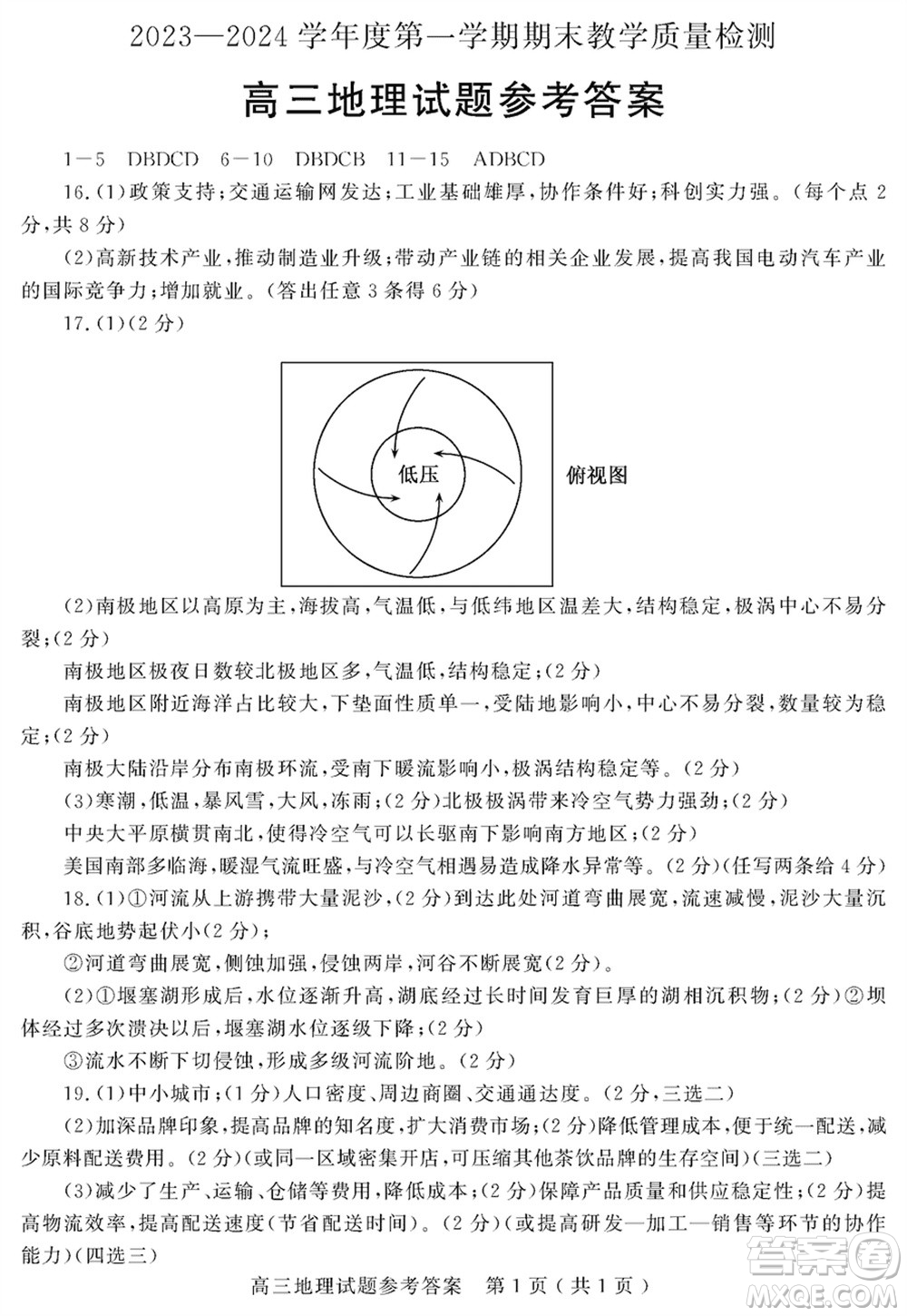 聊城市2023-2024學(xué)年高三上學(xué)期期末教學(xué)質(zhì)量檢測(cè)地理參考答案