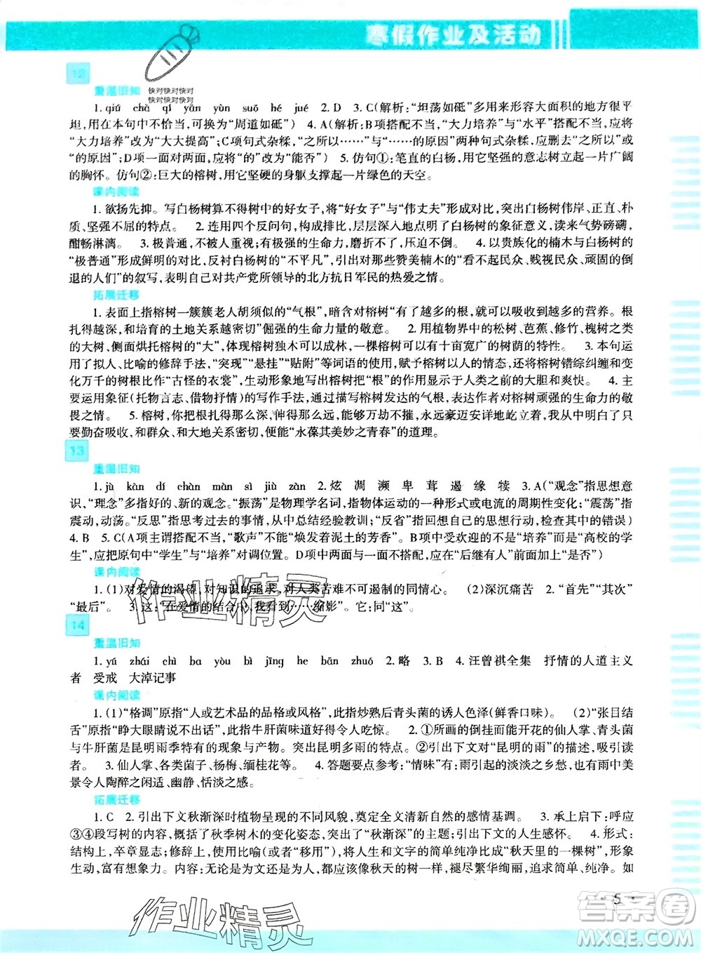 新疆文化出版社2024寒假作業(yè)及活動(dòng)八年級(jí)語文通用版參考答案