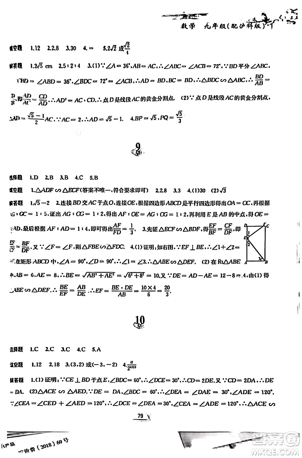 黃山書社2024寒假作業(yè)九年級數(shù)學滬科版答案