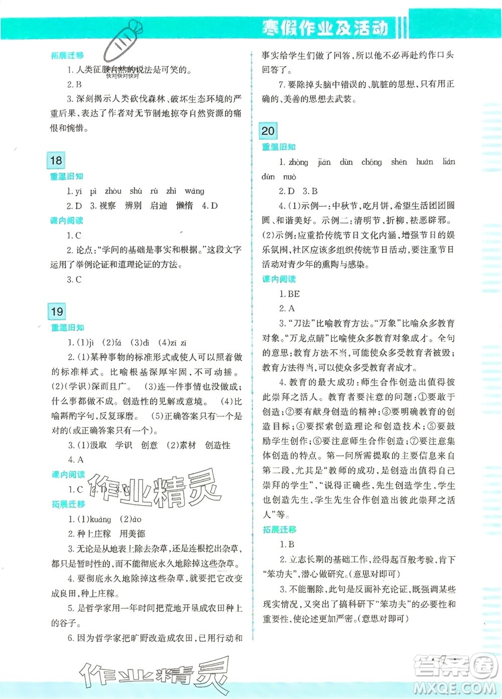 新疆文化出版社2024寒假作業(yè)及活動(dòng)九年級語文通用版參考答案