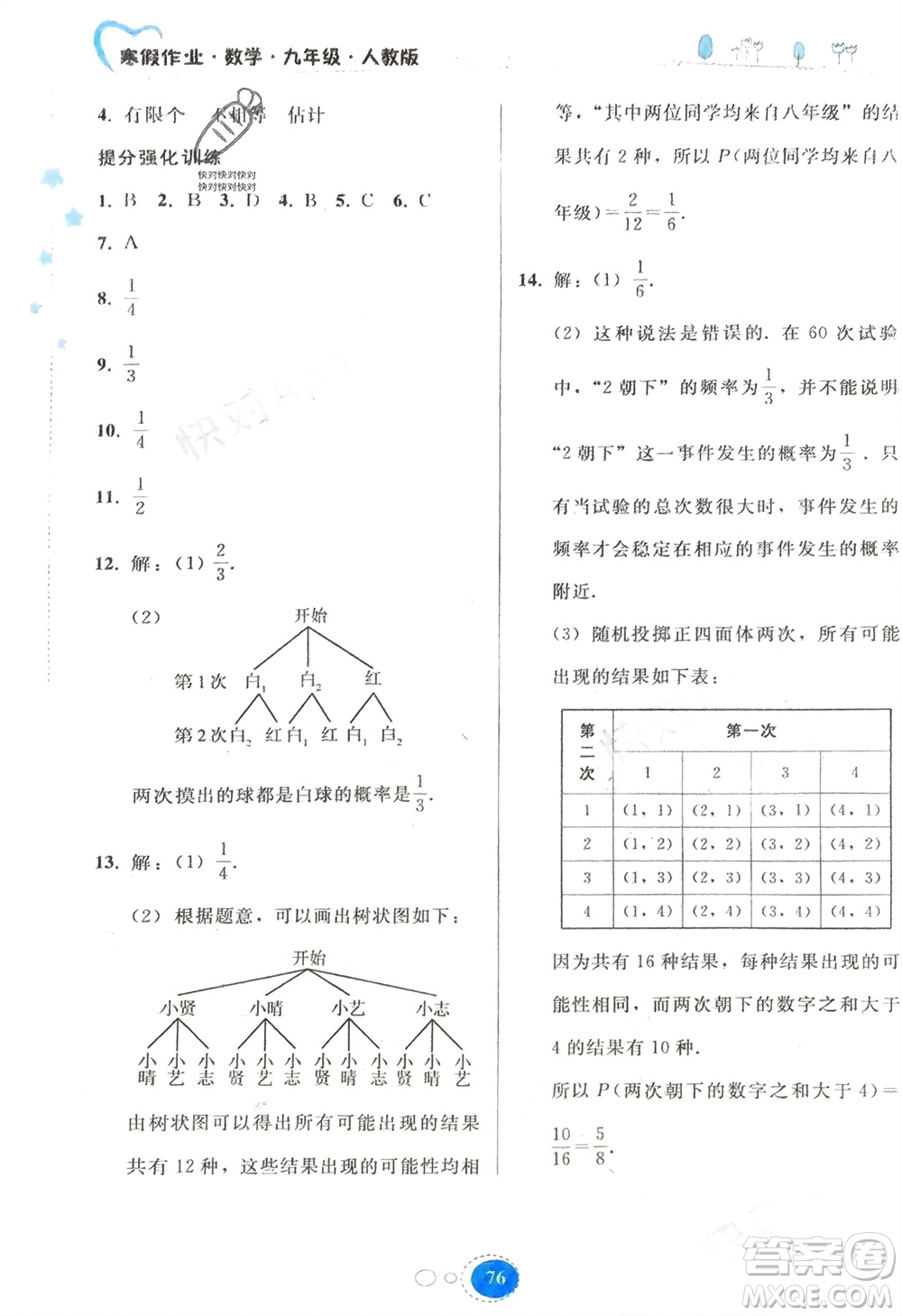 貴州人民出版社2024寒假作業(yè)九年級數(shù)學(xué)人教版參考答案