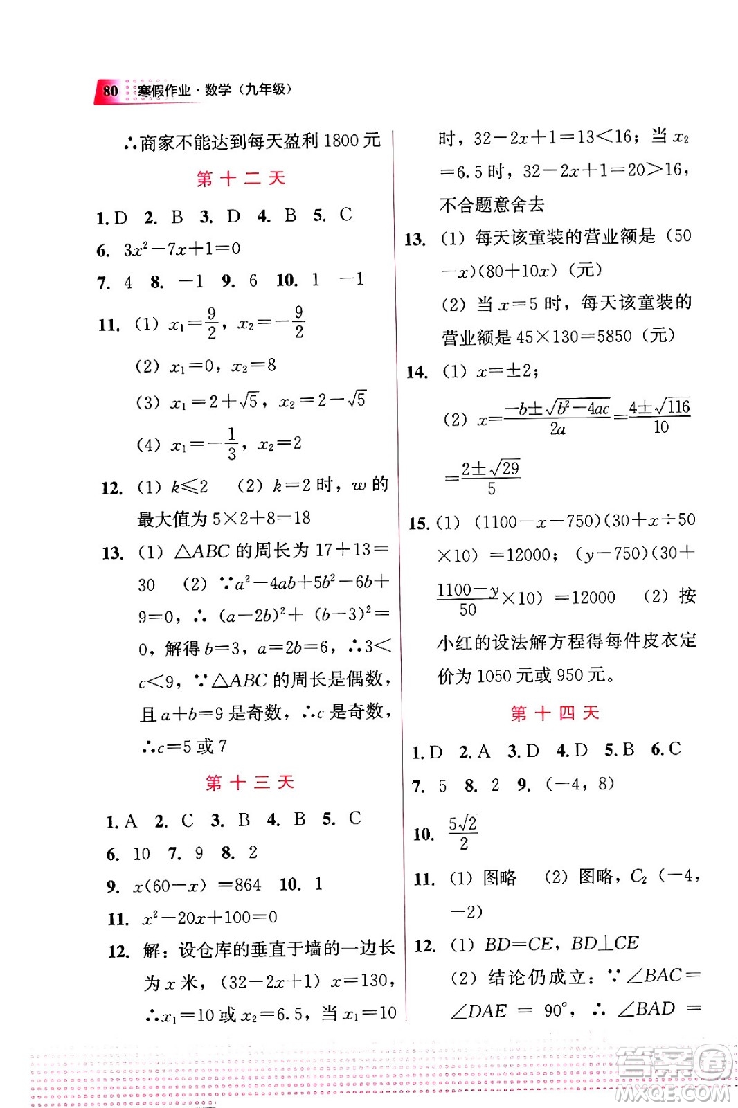 教育科學(xué)出版社2024寒假作業(yè)九年級(jí)數(shù)學(xué)通用版答案