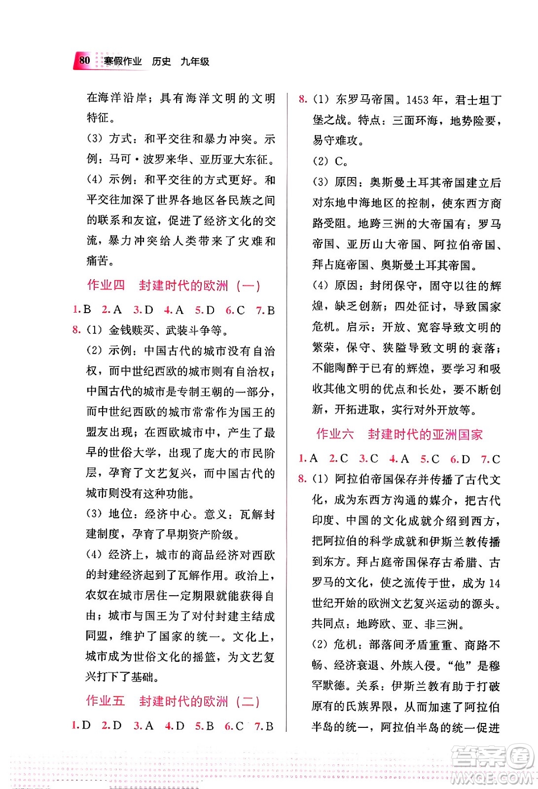 教育科學出版社2024寒假作業(yè)九年級歷史通用版答案