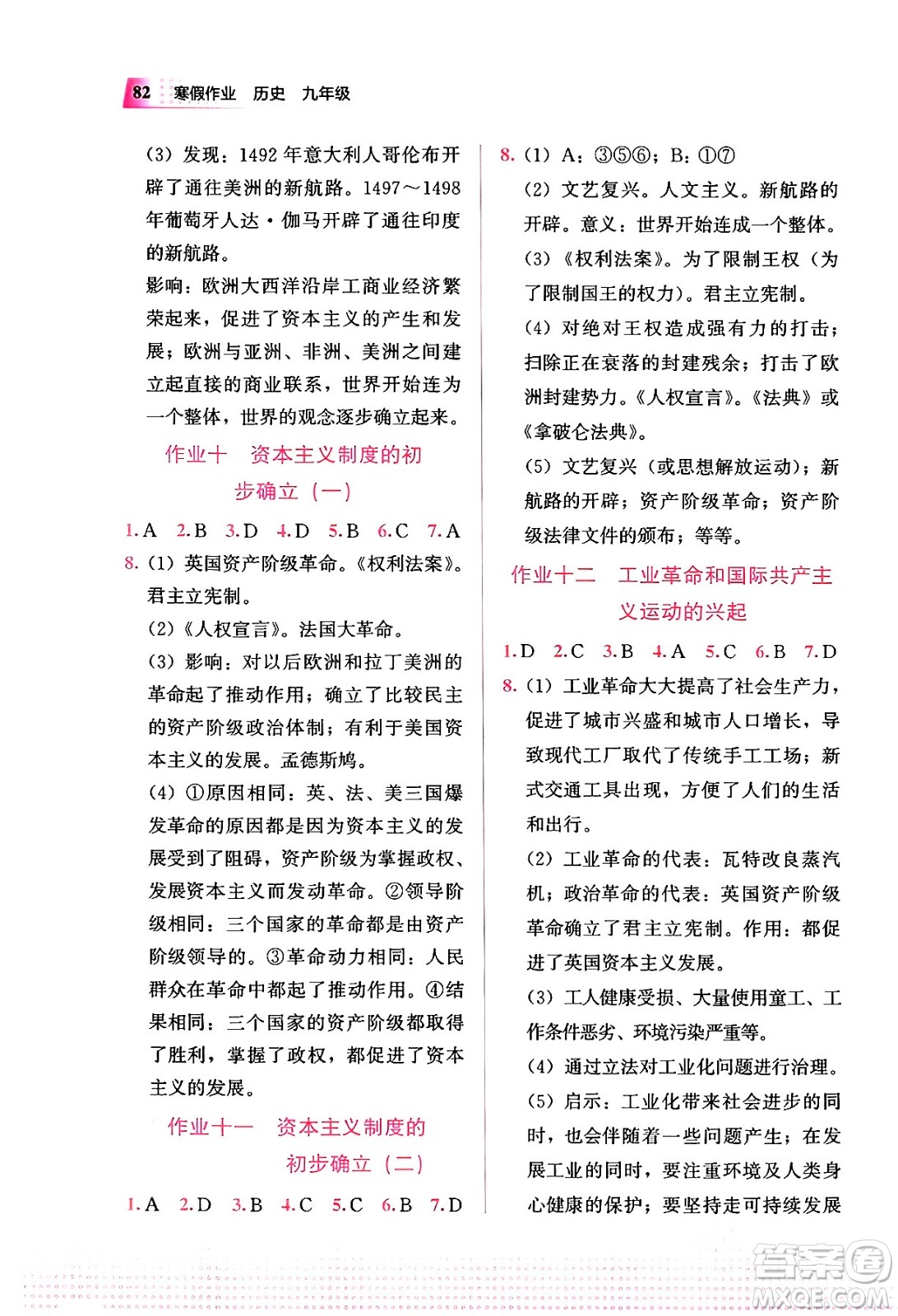 教育科學出版社2024寒假作業(yè)九年級歷史通用版答案