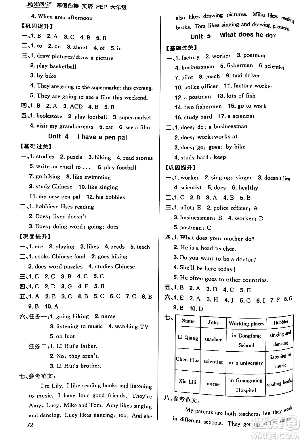 江西教育出版社2024陽(yáng)光同學(xué)寒假銜接六年級(jí)英語(yǔ)人教版答案