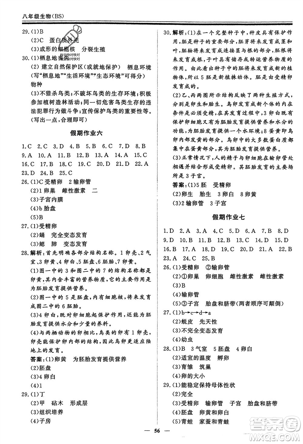 鄭州大學出版社2024新思維假期作業(yè)必刷題八年級生物北師大版參考答案